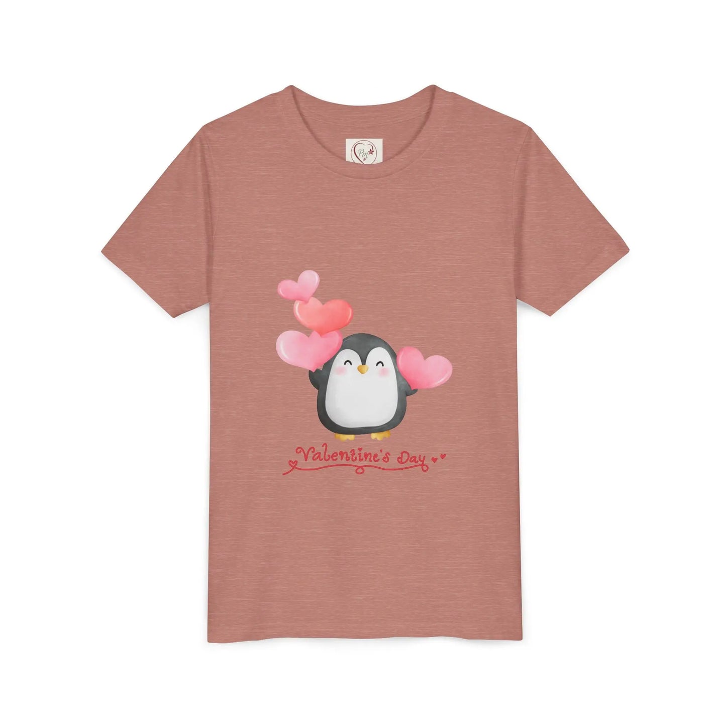 Soft cotton youth tee with watercolor penguin and blush hearts. Perfect for Valentine's Day celebrations and spreading love. Sizes S-XL. Heather Mauve