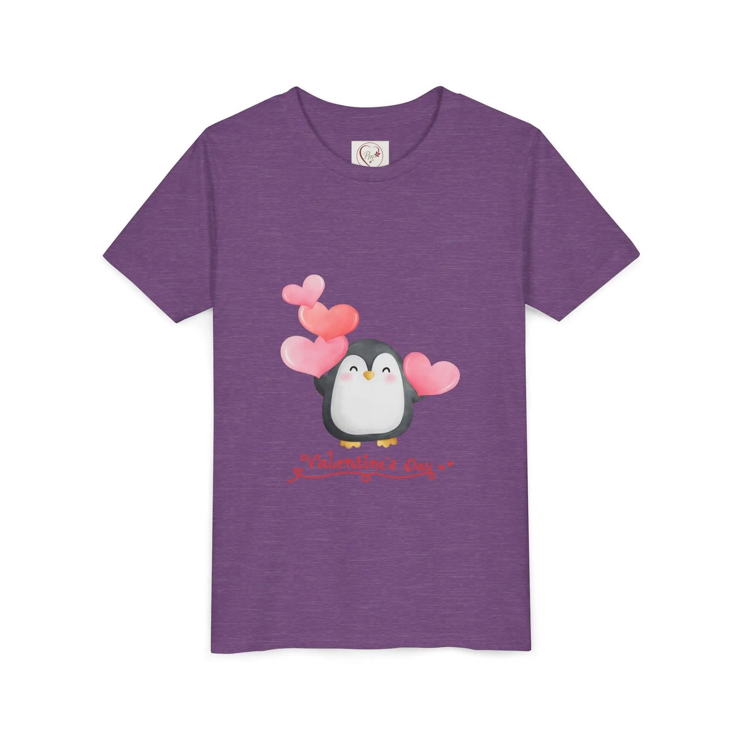Soft cotton youth tee with watercolor penguin and blush hearts. Perfect for Valentine's Day celebrations and spreading love. Sizes S-XL. Heather Team Purple