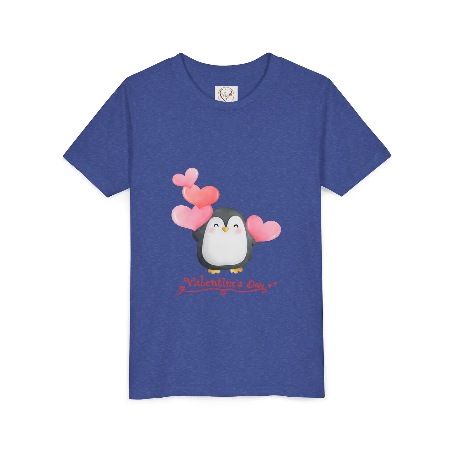 Soft cotton youth tee with watercolor penguin and blush hearts. Perfect for Valentine's Day celebrations and spreading love. Sizes S-XL. Heather True Royal