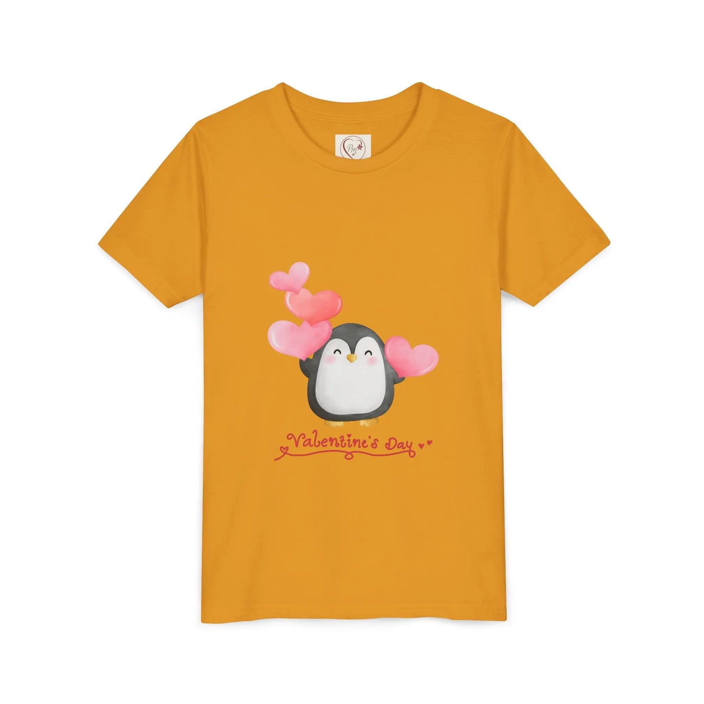 Soft cotton youth tee with watercolor penguin and blush hearts. Perfect for Valentine's Day celebrations and spreading love. Sizes S-XL. Mustard