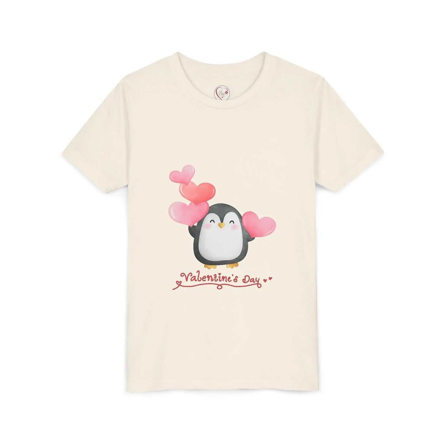 Soft cotton youth tee with watercolor penguin and blush hearts. Perfect for Valentine's Day celebrations and spreading love. Sizes S-XL. Natural