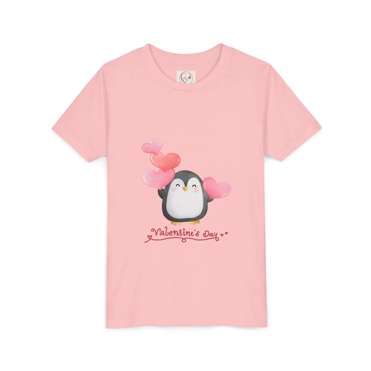 Soft cotton youth tee with watercolor penguin and blush hearts. Perfect for Valentine's Day celebrations and spreading love. Sizes S-XL. Pink