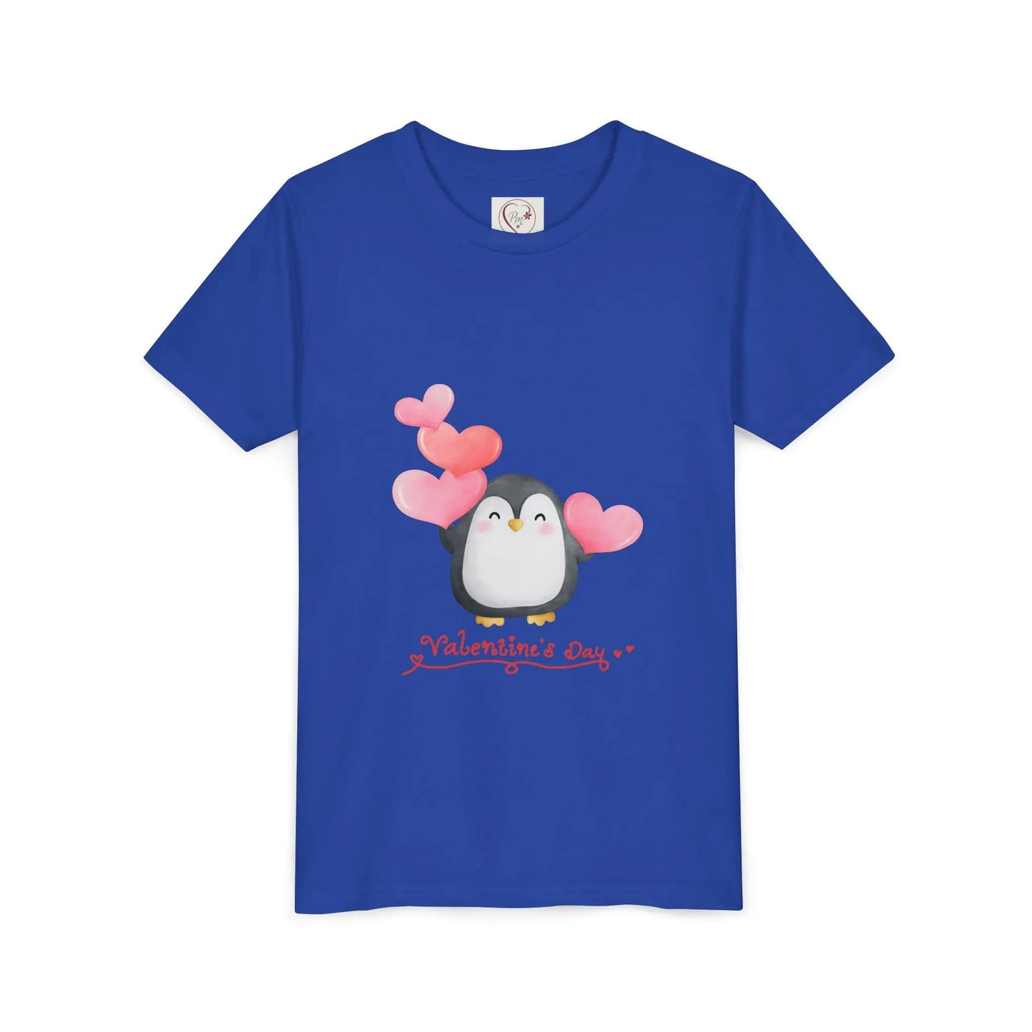 Soft cotton youth tee with watercolor penguin and blush hearts. Perfect for Valentine's Day celebrations and spreading love. Sizes S-XL. True Royal