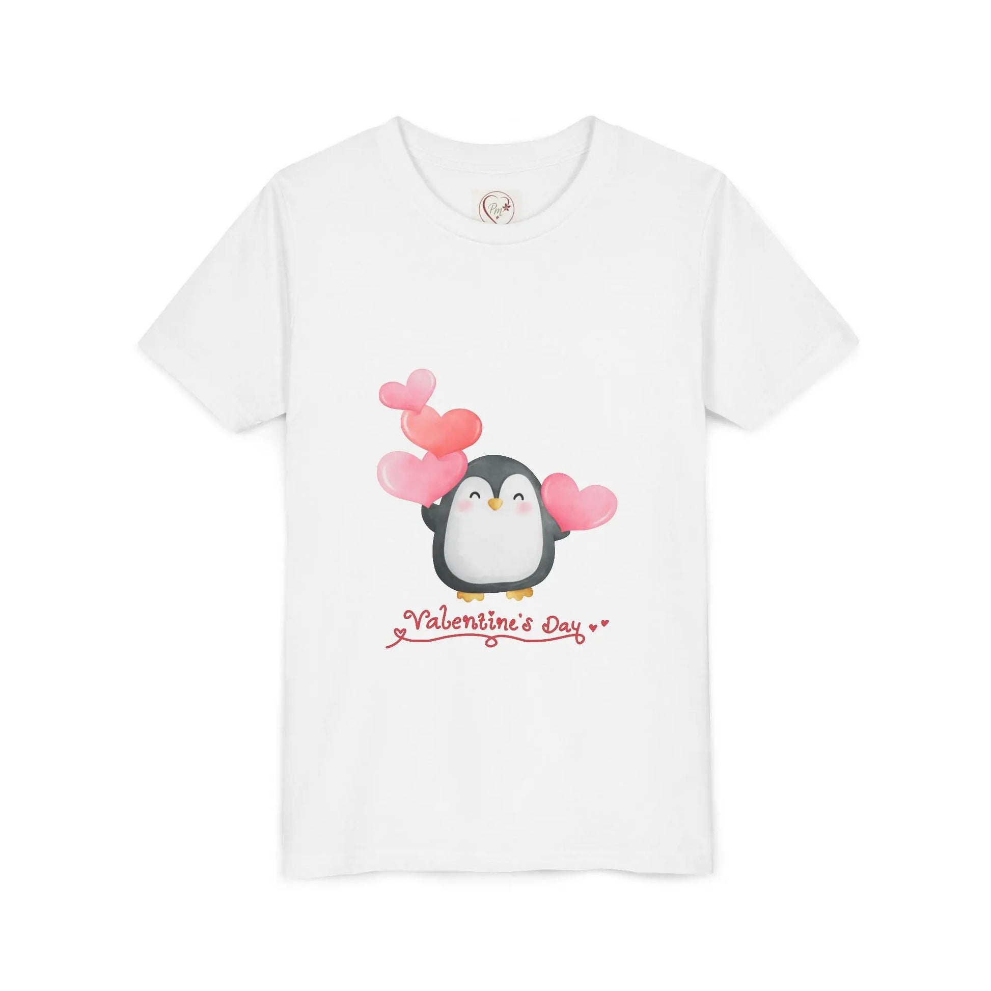 Soft cotton youth tee with watercolor penguin and blush hearts. Perfect for Valentine's Day celebrations and spreading love. Sizes S-XL. White