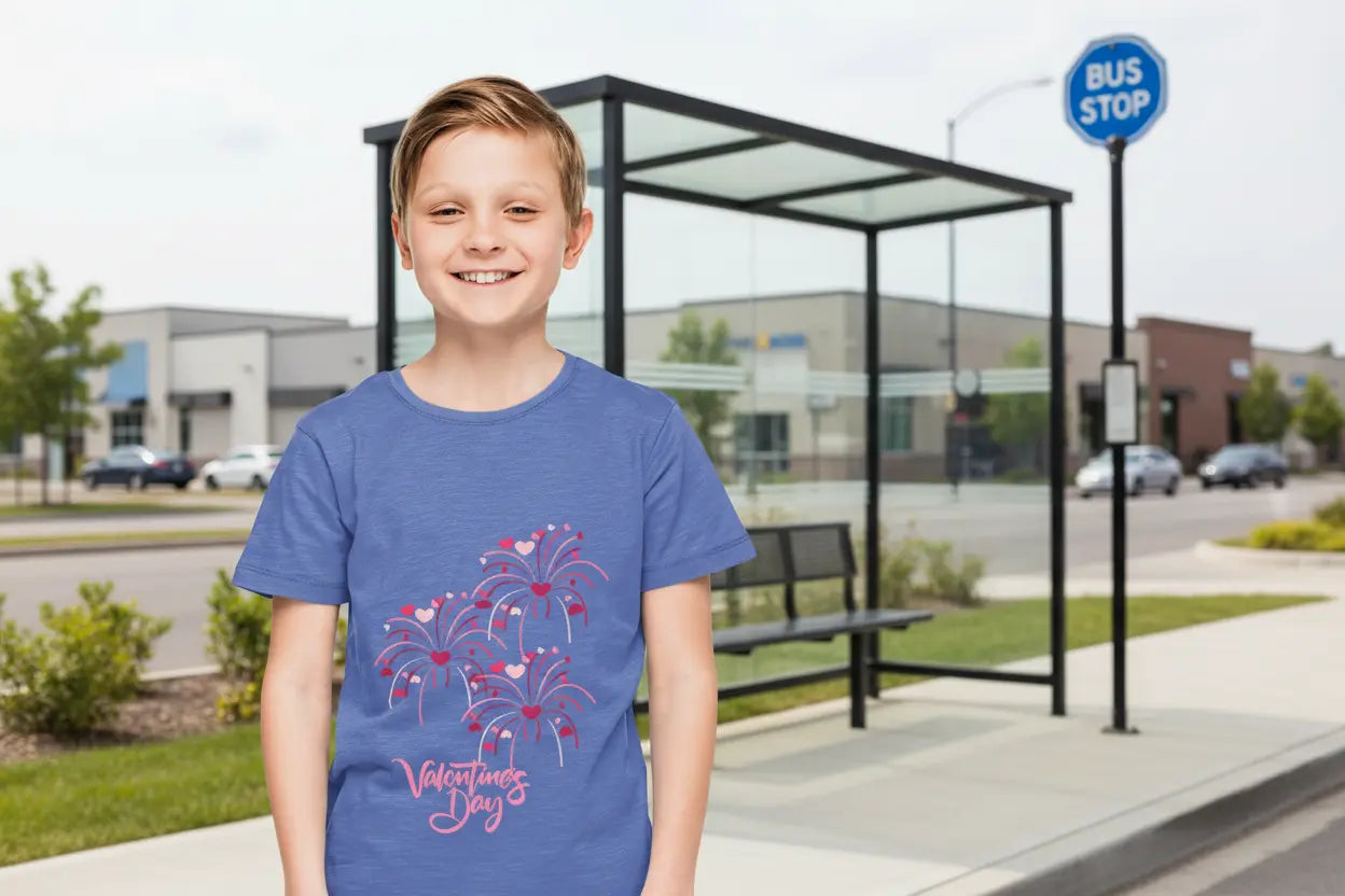 Youth wearing Valentine's Day tee with hand-lettered text and scattered hearts, Heather Columbia Blue
