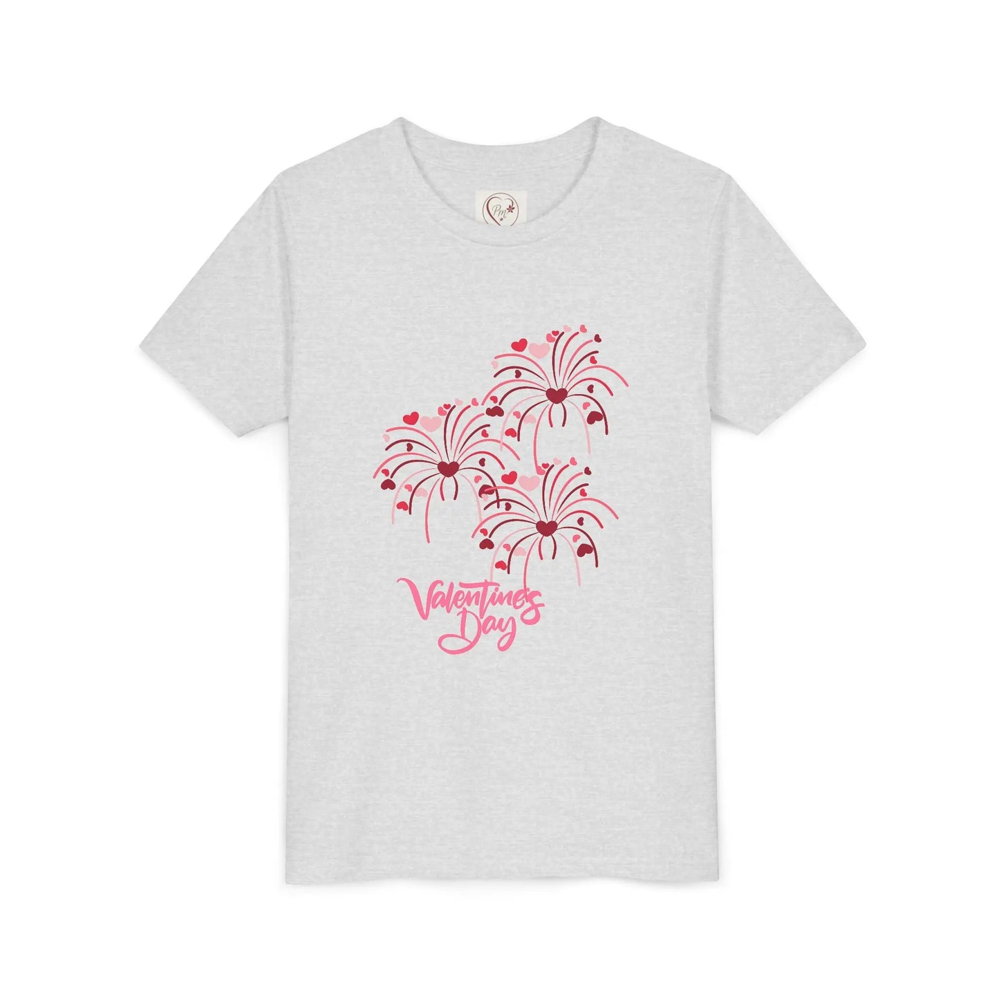 Soft cotton youth tee with hand-lettered Valentine's Day and scattered hearts. Perfect for Valentine's celebrations and spreading love. Sizes S-XL. Ash