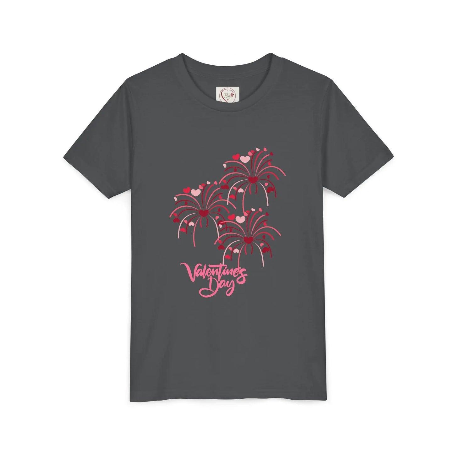 Soft cotton youth tee with hand-lettered Valentine's Day and scattered hearts. Perfect for Valentine's celebrations and spreading love. Sizes S-XL. Asphalt
