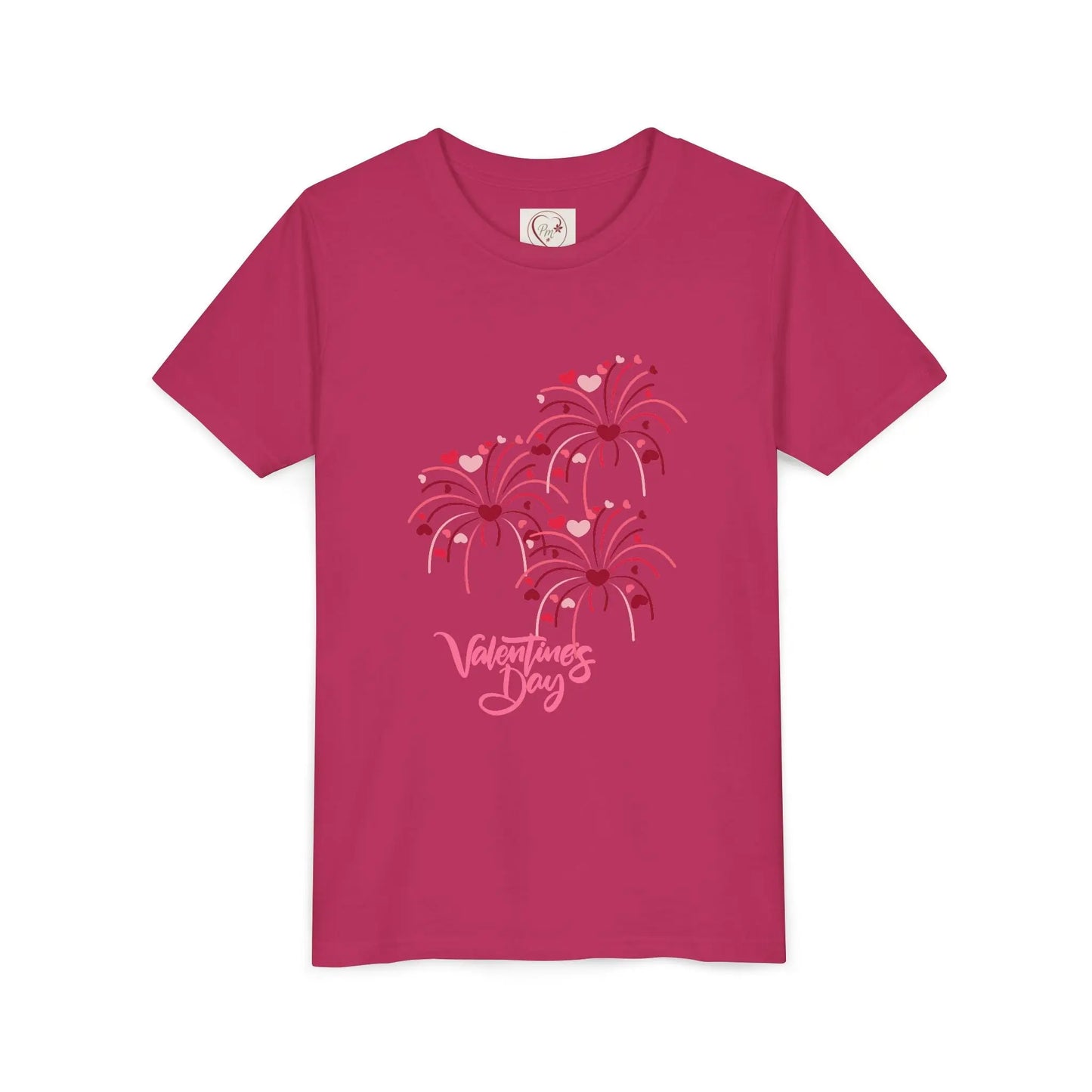 Soft cotton youth tee with hand-lettered Valentine's Day and scattered hearts. Perfect for Valentine's celebrations and spreading love. Sizes S-XL. Berry