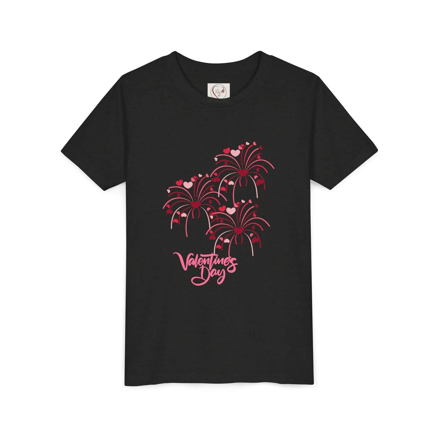 Soft cotton youth tee with hand-lettered Valentine's Day and scattered hearts. Perfect for Valentine's celebrations and spreading love. Sizes S-XL. Black Heather