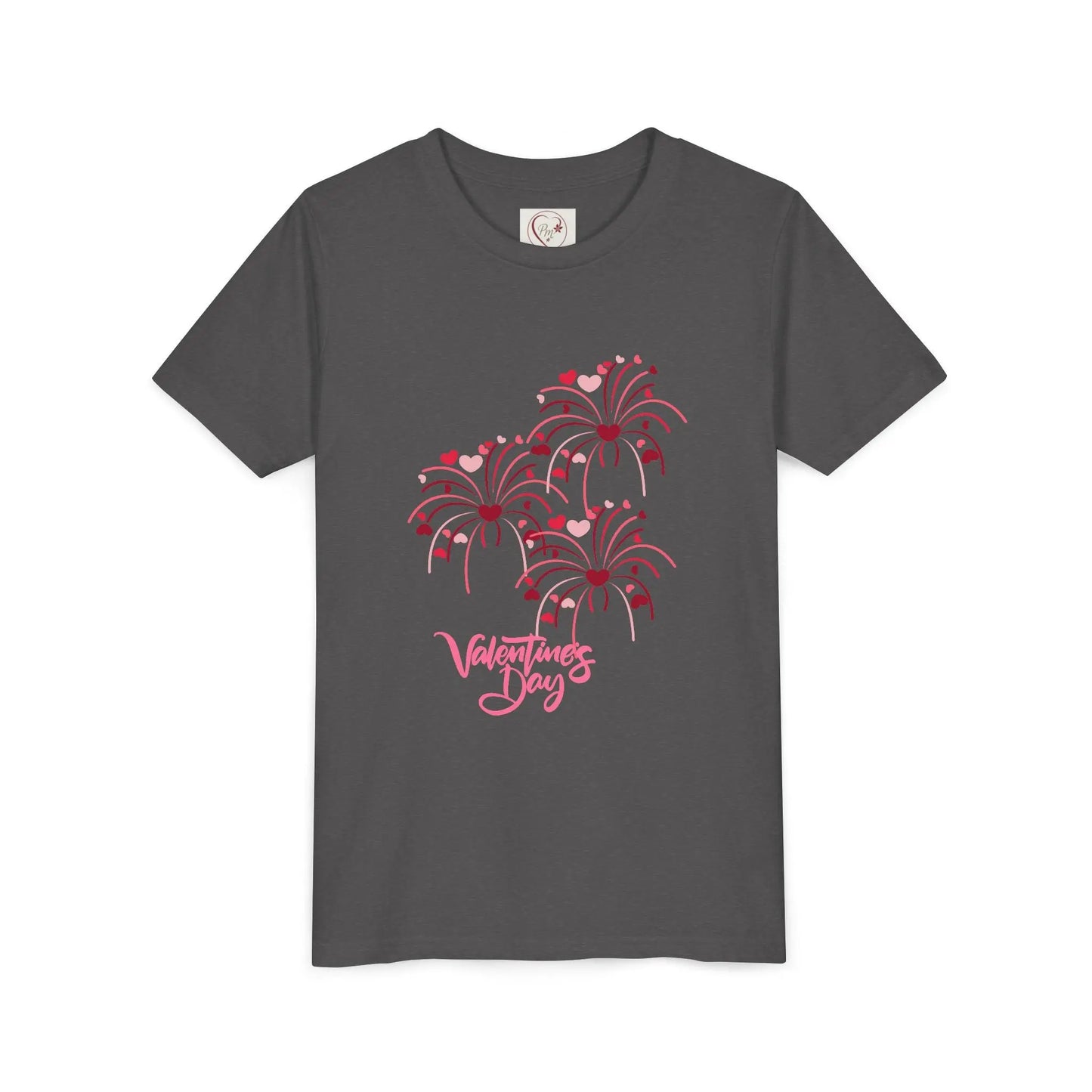 Soft cotton youth tee with hand-lettered Valentine's Day and scattered hearts. Perfect for Valentine's celebrations and spreading love. Sizes S-XL. Dark Heather Grey