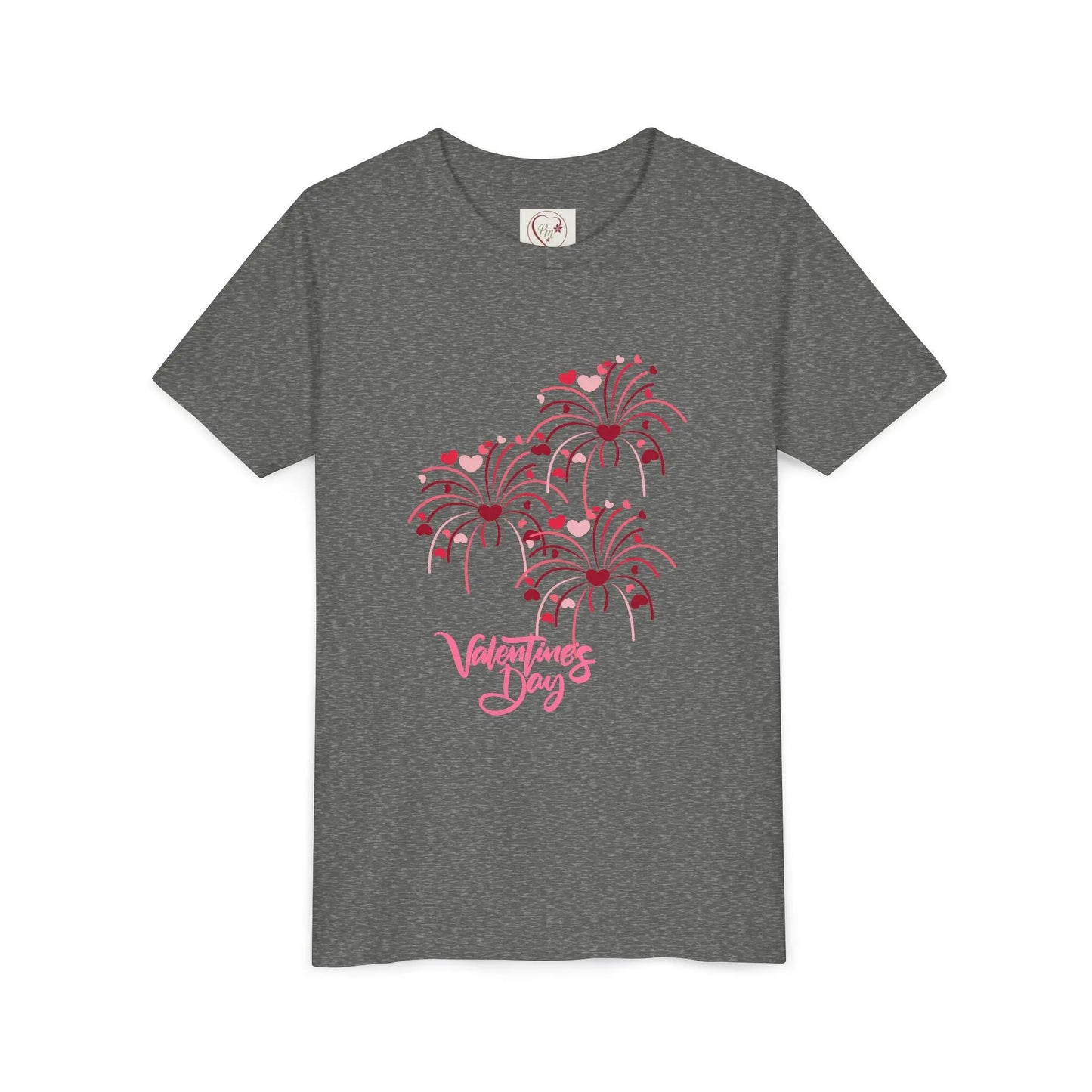 Soft cotton youth tee with hand-lettered Valentine's Day and scattered hearts. Perfect for Valentine's celebrations and spreading love. Sizes S-XL. Deep Heather