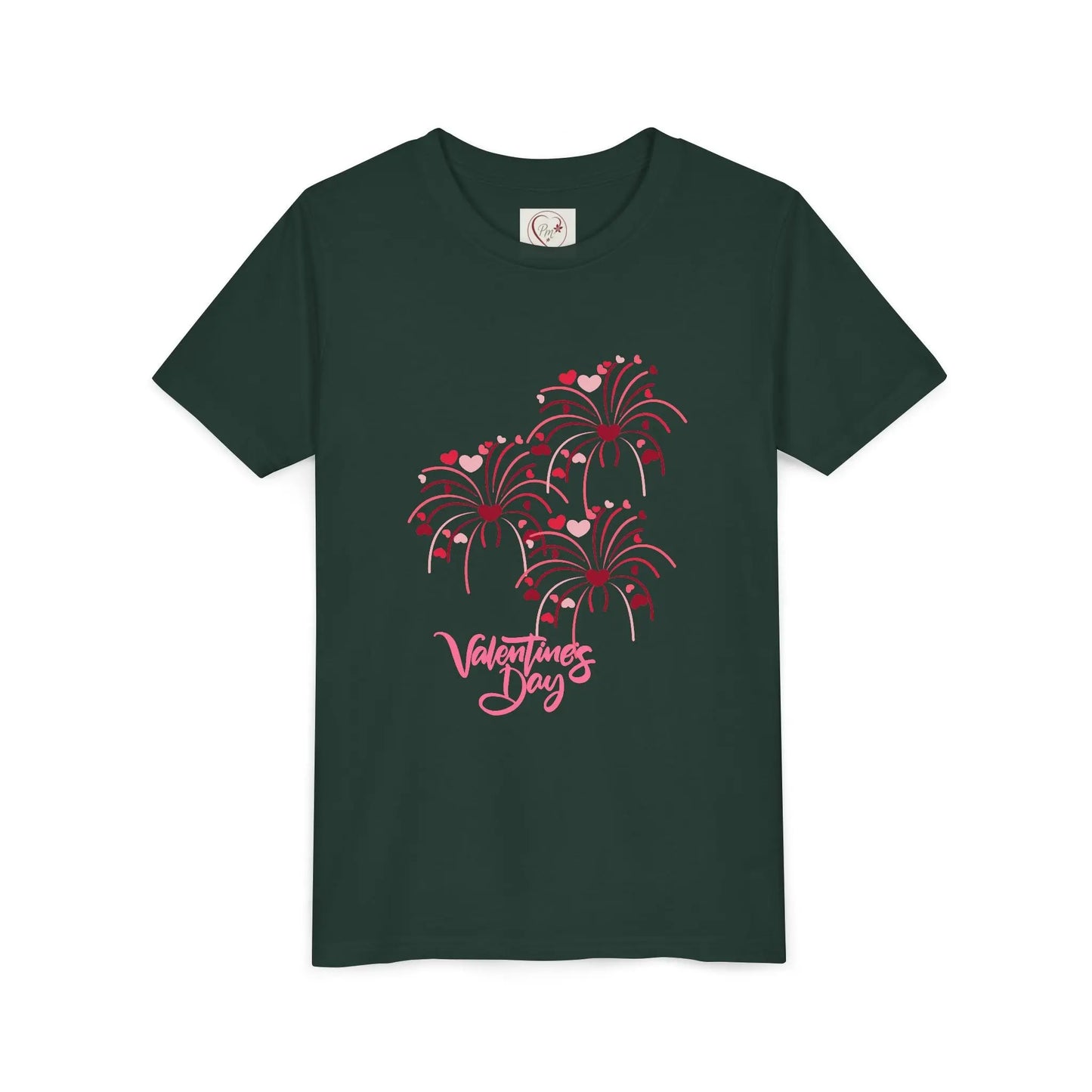 Soft cotton youth tee with hand-lettered Valentine's Day and scattered hearts. Perfect for Valentine's celebrations and spreading love. Sizes S-XL. Forest