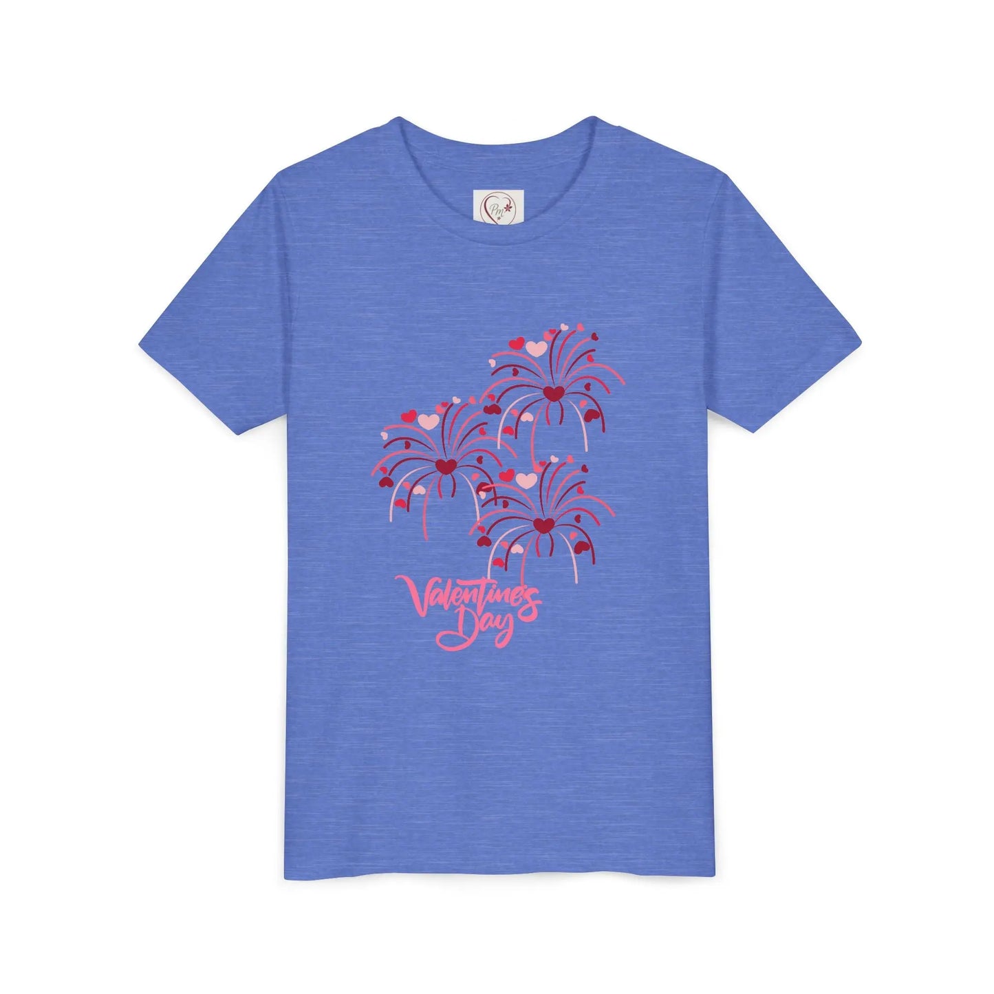 Soft cotton youth tee with hand-lettered Valentine's Day and scattered hearts. Perfect for Valentine's celebrations and spreading love. Sizes S-XL. Heather Columbia Blue