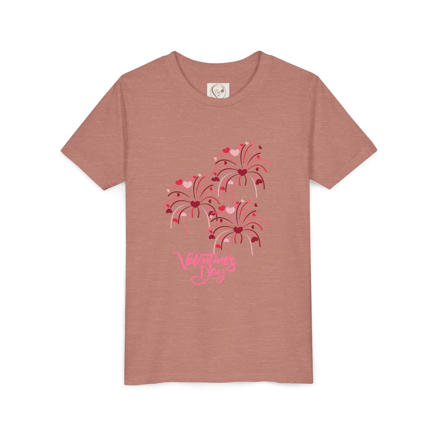 Soft cotton youth tee with hand-lettered Valentine's Day and scattered hearts. Perfect for Valentine's celebrations and spreading love. Sizes S-XL. Heather Mauve