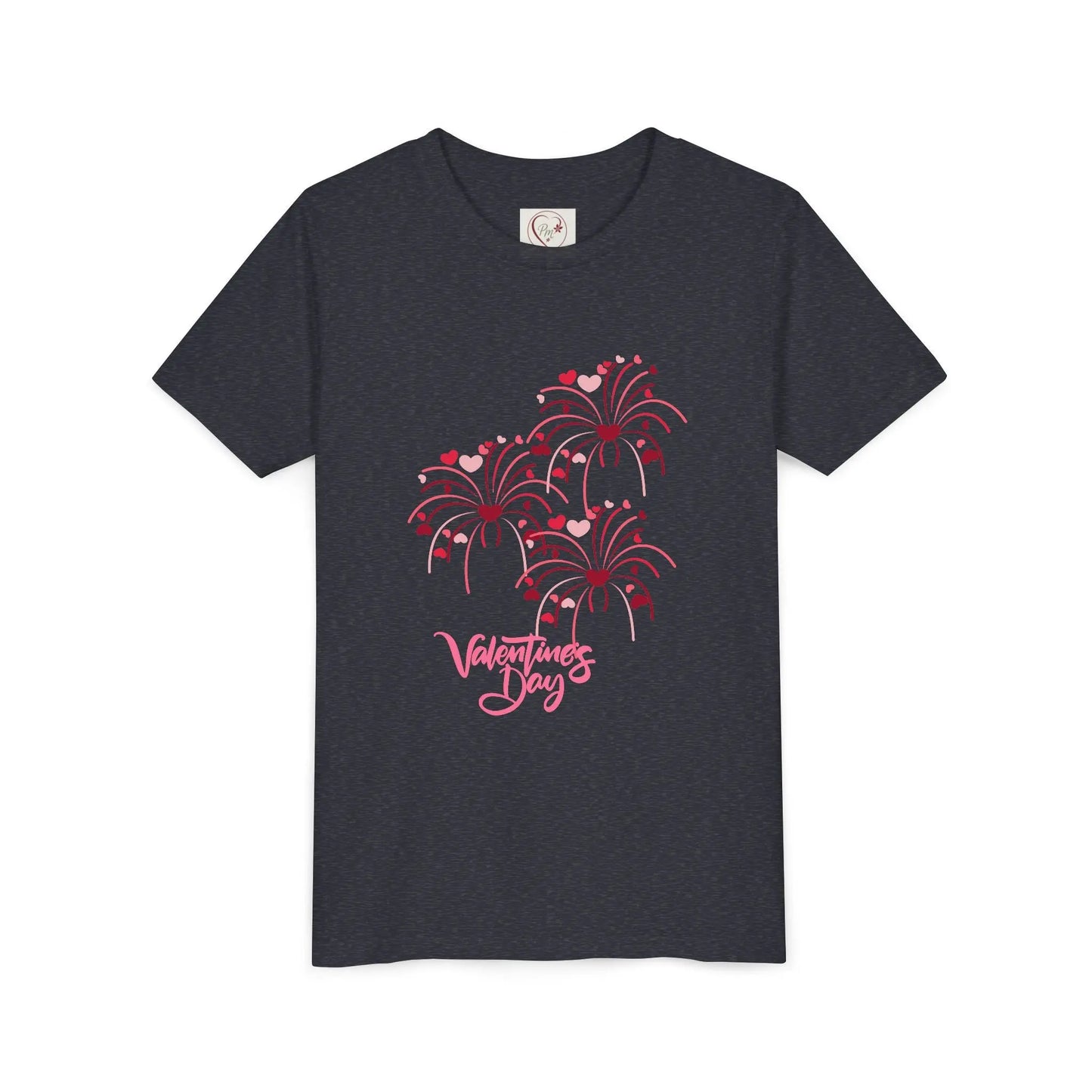 Soft cotton youth tee with hand-lettered Valentine's Day and scattered hearts. Perfect for Valentine's celebrations and spreading love. Sizes S-XL. Heather Navy