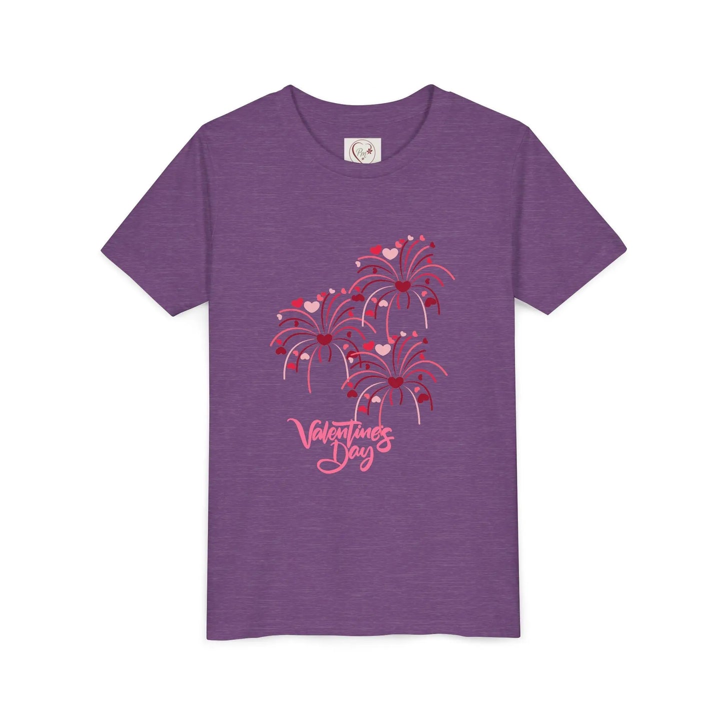 Soft cotton youth tee with hand-lettered Valentine's Day and scattered hearts. Perfect for Valentine's celebrations and spreading love. Sizes S-XL. Heather Team Purple