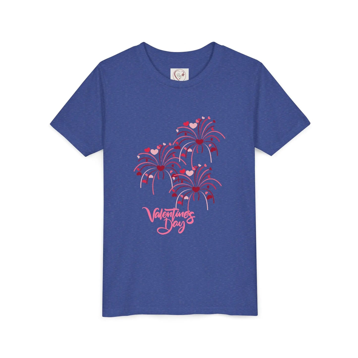 Soft cotton youth tee with hand-lettered Valentine's Day and scattered hearts. Perfect for Valentine's celebrations and spreading love. Sizes S-XL. Heather True Royal