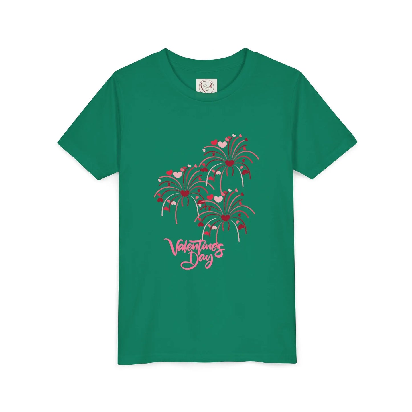 Soft cotton youth tee with hand-lettered Valentine's Day and scattered hearts. Perfect for Valentine's celebrations and spreading love. Sizes S-XL. Kelly Green
