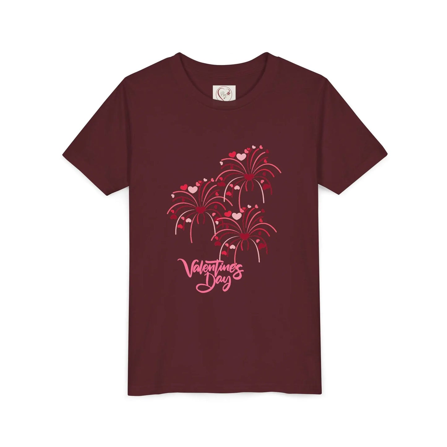 Soft cotton youth tee with hand-lettered Valentine's Day and scattered hearts. Perfect for Valentine's celebrations and spreading love. Sizes S-XL. Maroon