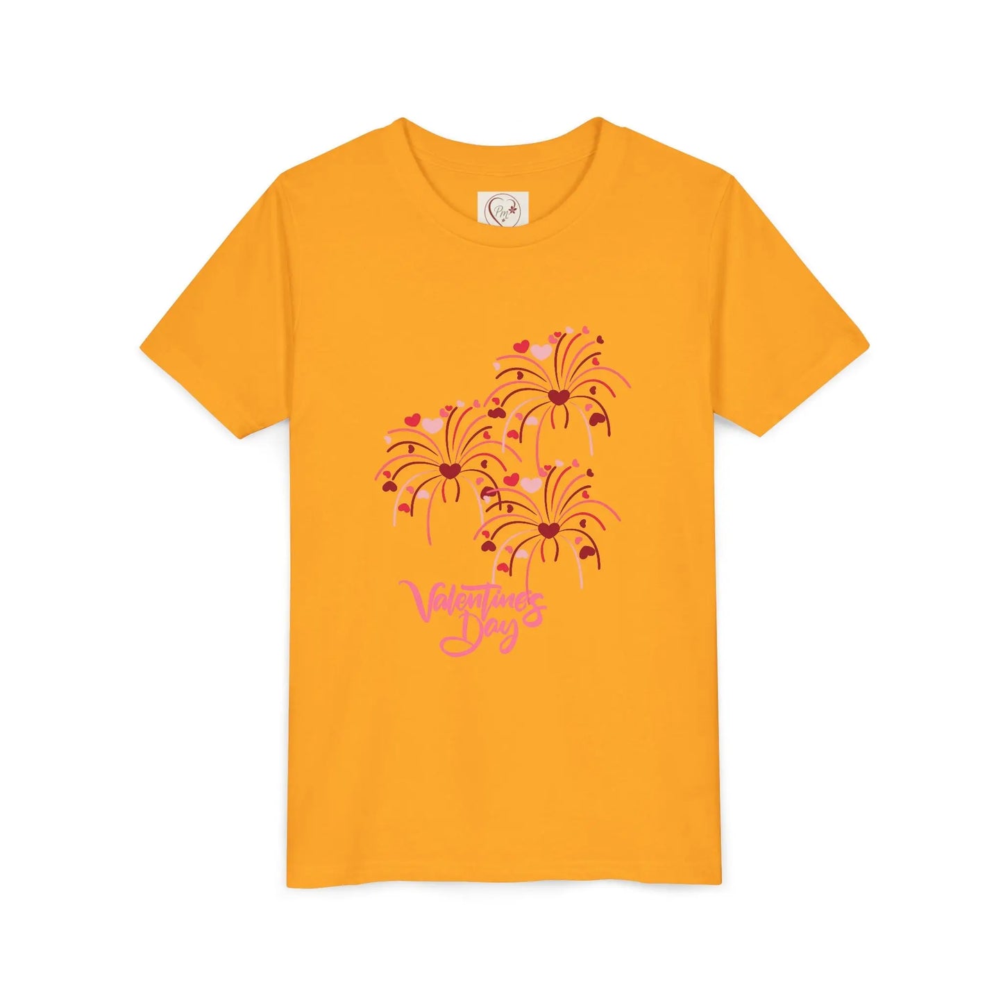 Soft cotton youth tee with hand-lettered Valentine's Day and scattered hearts. Perfect for Valentine's celebrations and spreading love. Sizes S-XL. Mustard