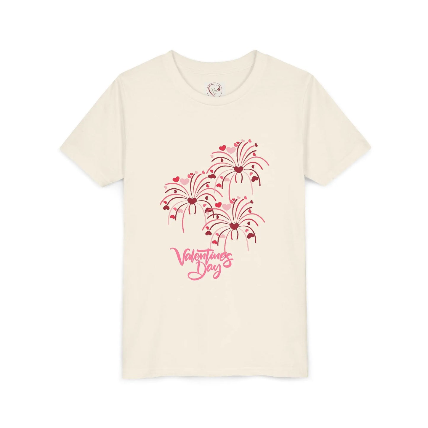 Soft cotton youth tee with hand-lettered Valentine's Day and scattered hearts. Perfect for Valentine's celebrations and spreading love. Sizes S-XL. Natural
