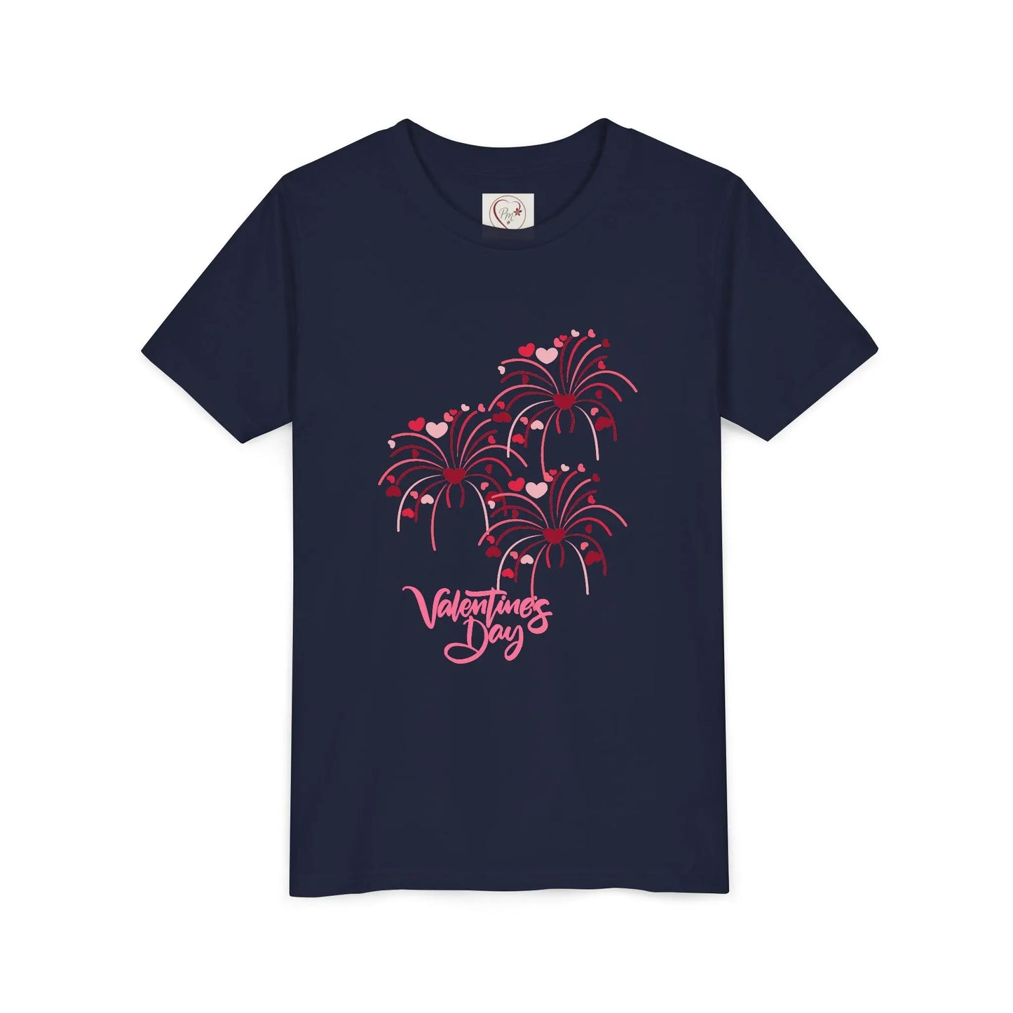 Soft cotton youth tee with hand-lettered Valentine's Day and scattered hearts. Perfect for Valentine's celebrations and spreading love. Sizes S-XL. Navy