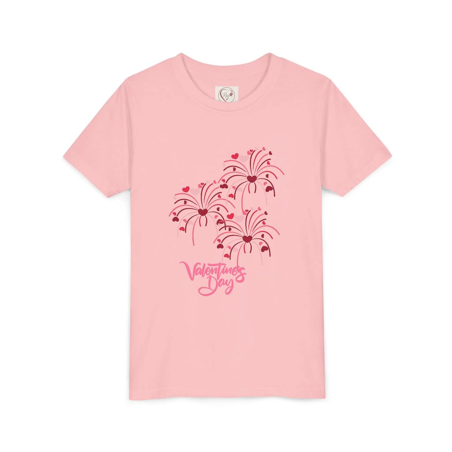 Soft cotton youth tee with hand-lettered Valentine's Day and scattered hearts. Perfect for Valentine's celebrations and spreading love. Sizes S-XL. Pink