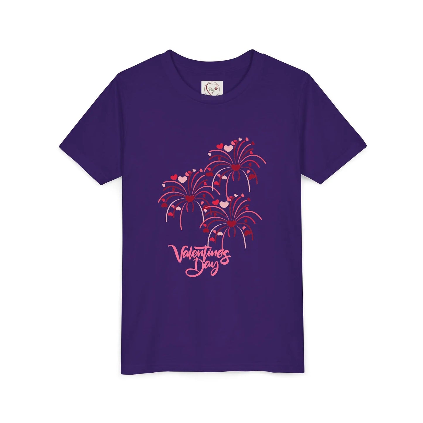 Soft cotton youth tee with hand-lettered Valentine's Day and scattered hearts. Perfect for Valentine's celebrations and spreading love. Sizes S-XL. Team Purple