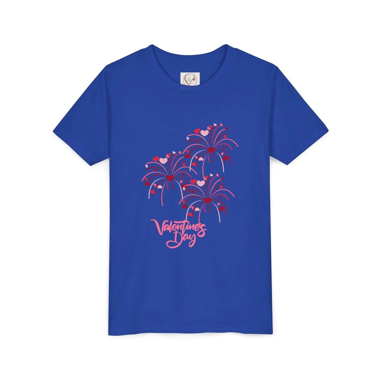 Soft cotton youth tee with hand-lettered Valentine's Day and scattered hearts. Perfect for Valentine's celebrations and spreading love. Sizes S-XL. True Royal