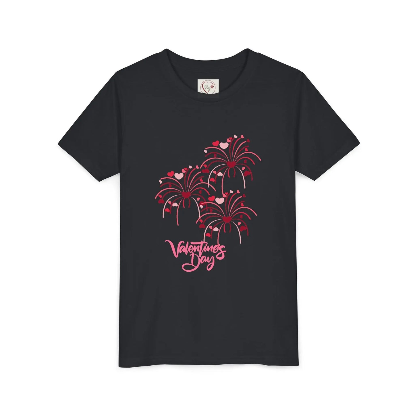 Soft cotton youth tee with hand-lettered Valentine's Day and scattered hearts. Perfect for Valentine's celebrations and spreading love. Sizes S-XL. Heather Black