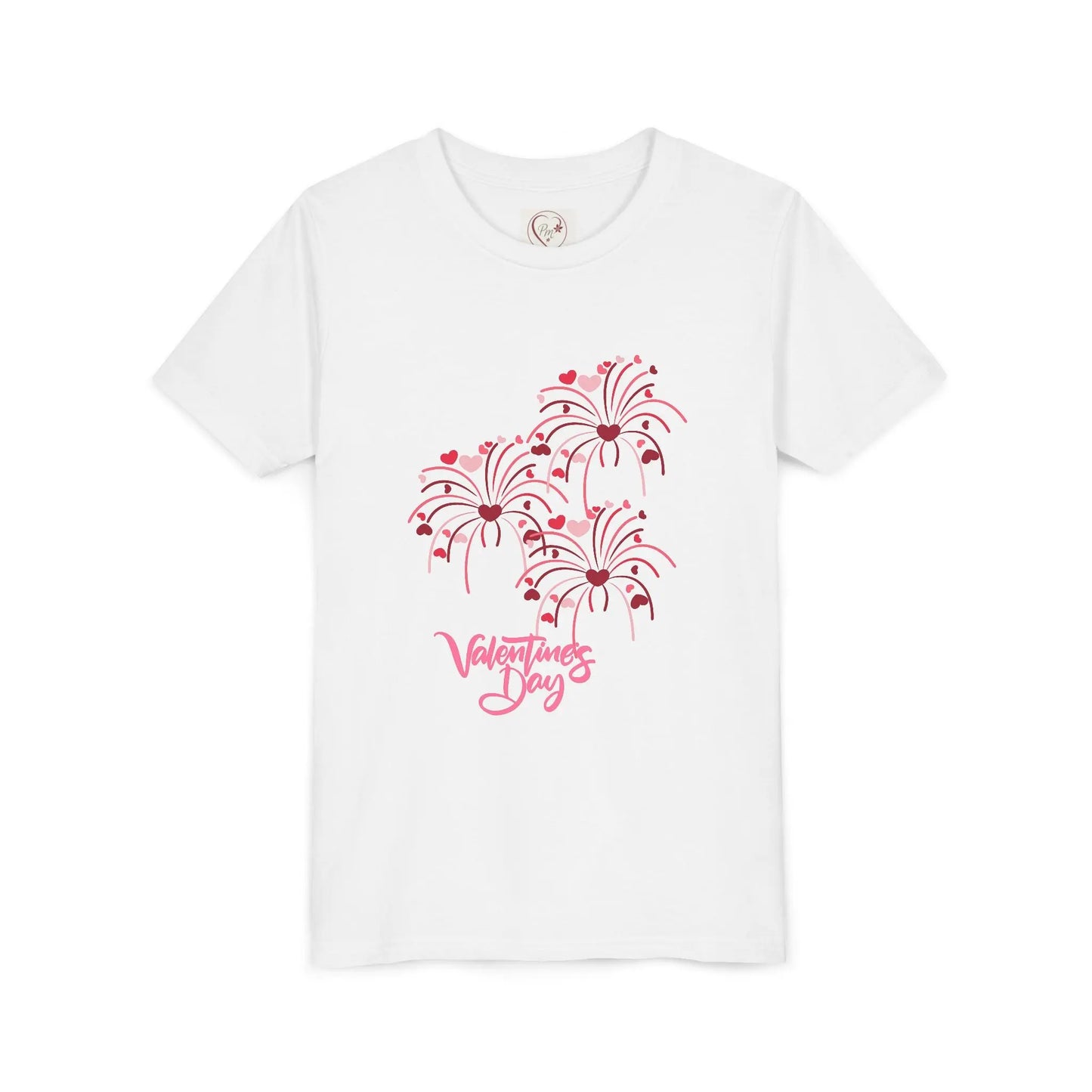Soft cotton youth tee with hand-lettered Valentine's Day and scattered hearts. Perfect for Valentine's celebrations and spreading love. Sizes S-XL. White
