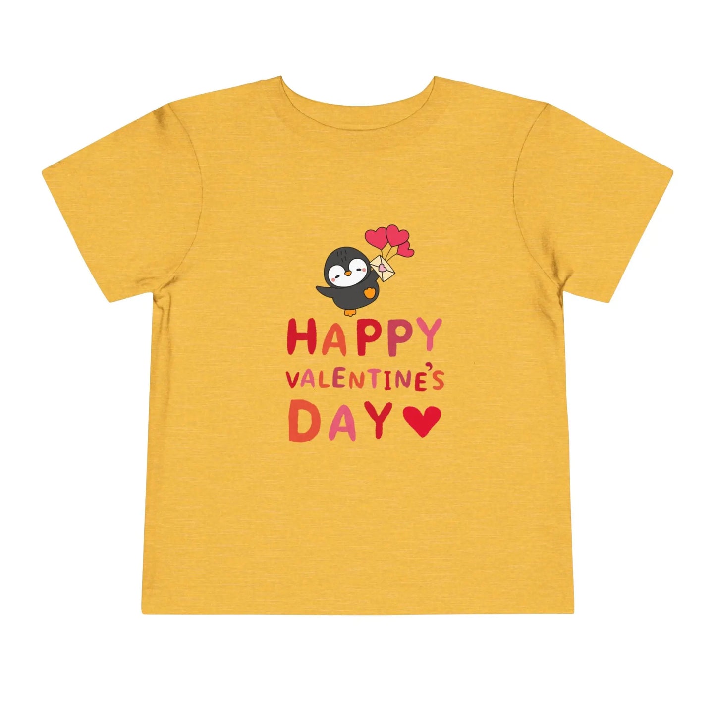 Soft cotton toddler tee with smiling penguin offering a heart. Perfect for Valentine's Day celebrations and spreading love. Sizes 2T-5T.
Heather Yellow Gold