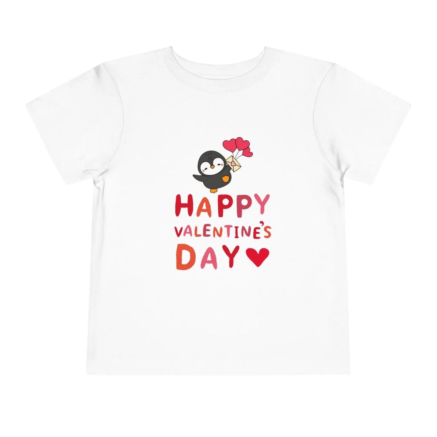 Soft cotton toddler tee with smiling penguin offering a heart. Perfect for Valentine's Day celebrations and spreading love. Sizes 2T-5T.
White