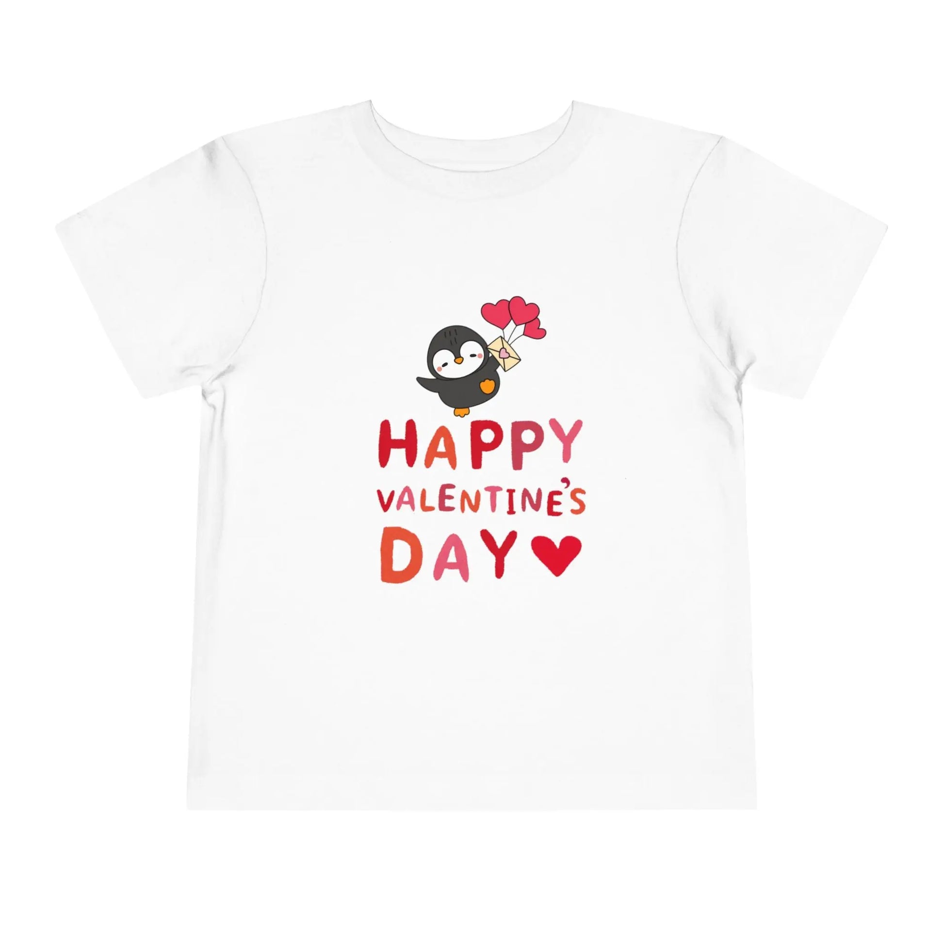 Soft cotton toddler tee with smiling penguin offering a heart. Perfect for Valentine's Day celebrations and spreading love. Sizes 2T-5T.
White