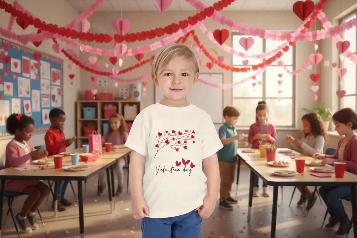 Toddler wearing Valentine's Day tee with red hearts blooming along a branch, White
