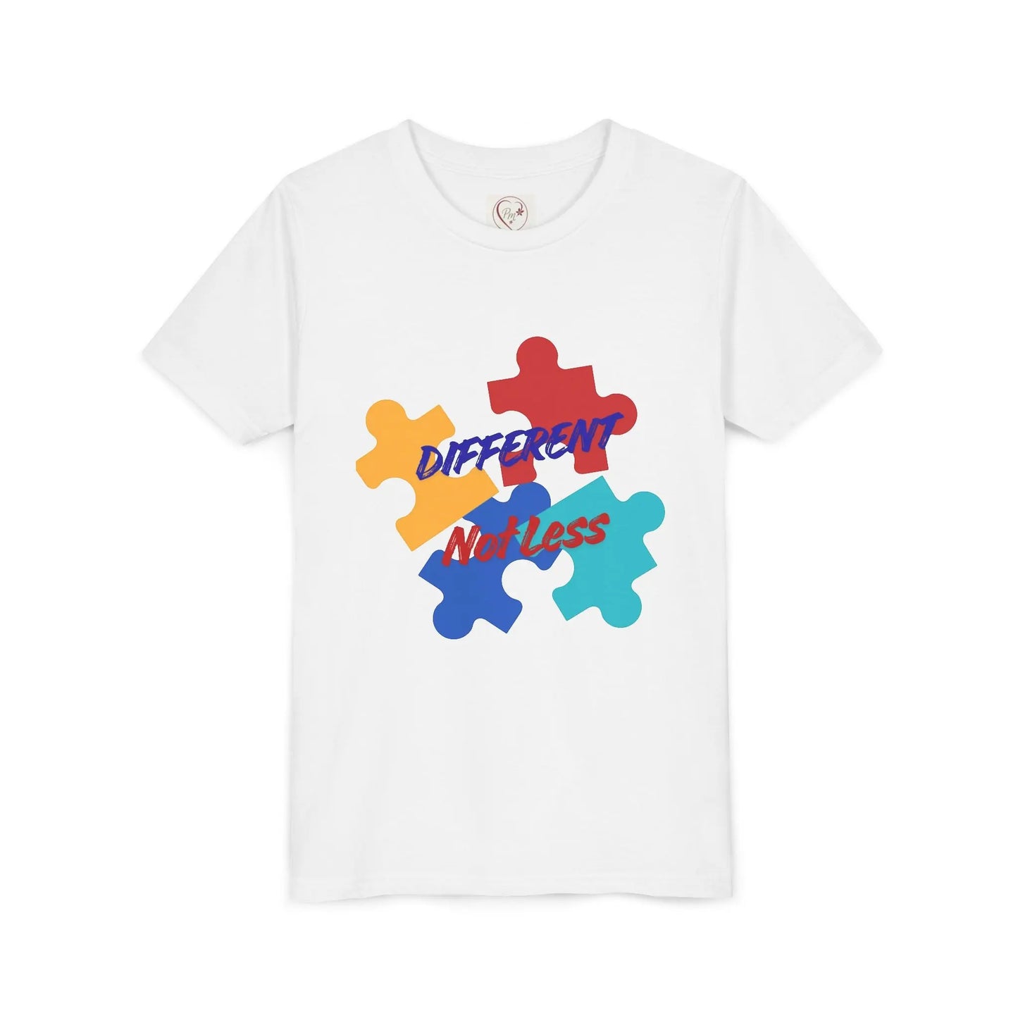 Soft cotton youth tee with colorful puzzle pieces and Different Not Less message. Celebrates neurodiversity and individuality. Sizes 2T-5T. White
