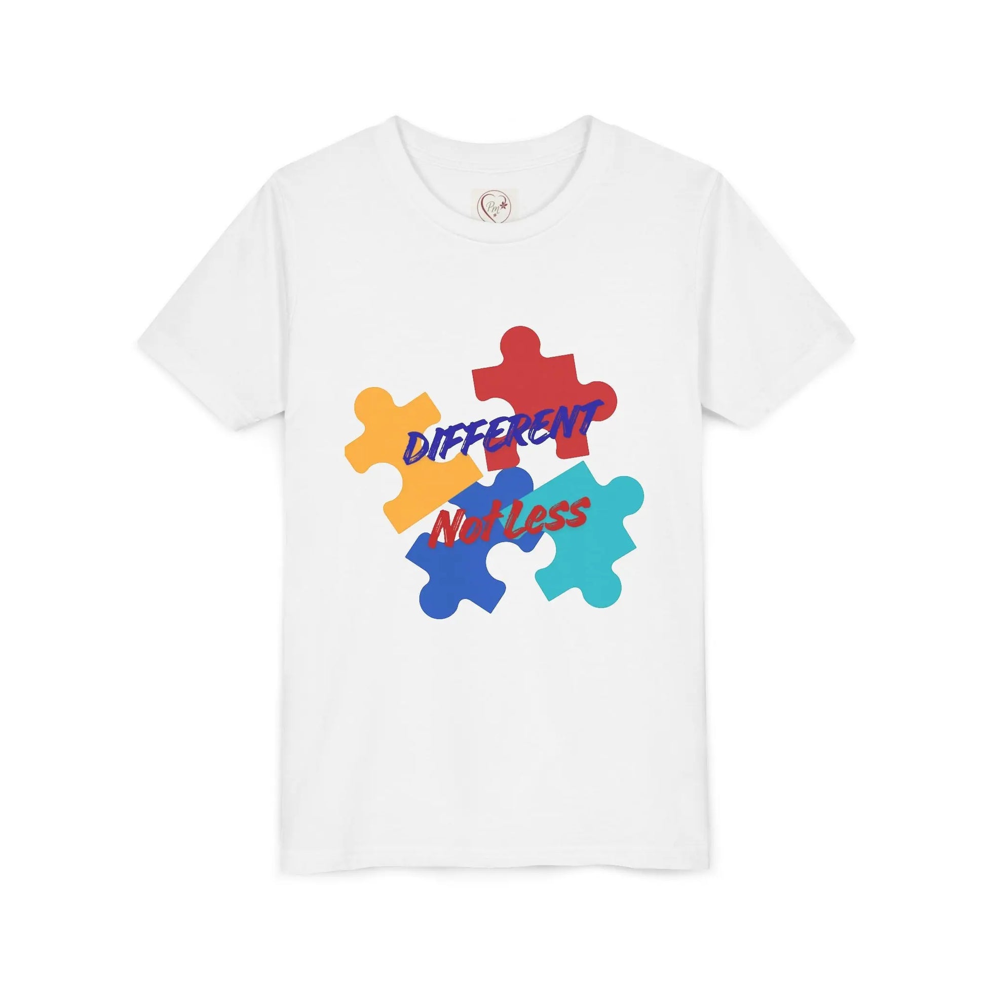 Soft cotton youth tee with colorful puzzle pieces and Different Not Less message. Celebrates neurodiversity and individuality. Sizes 2T-5T. White
