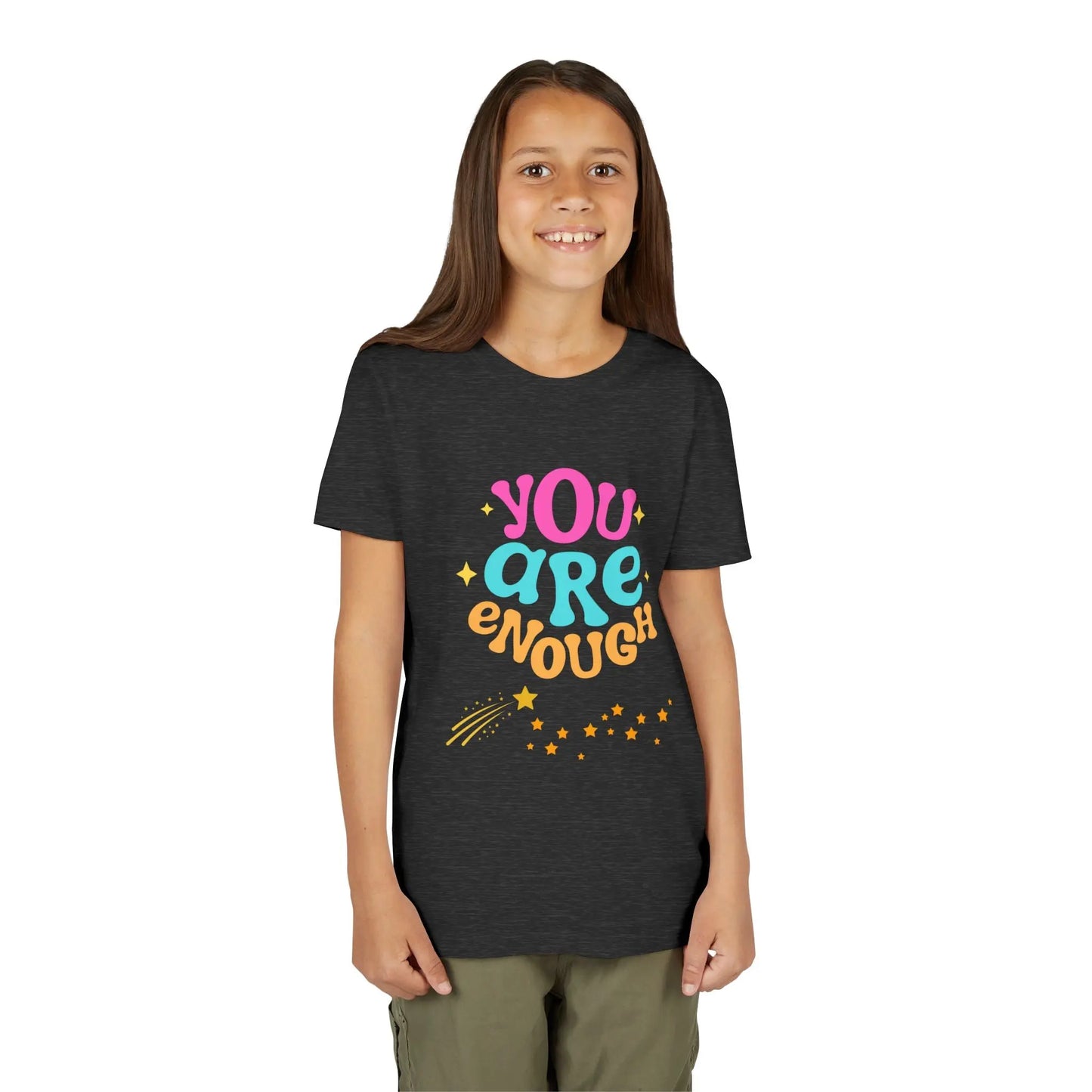 Youth Wearing a "You Are Enough" youth tee — a soft, uplifting kids shirt with a faith-inspired message of confidence, self-love, and kindness. Perfect for everyday wear. Shop the Collection, Forest