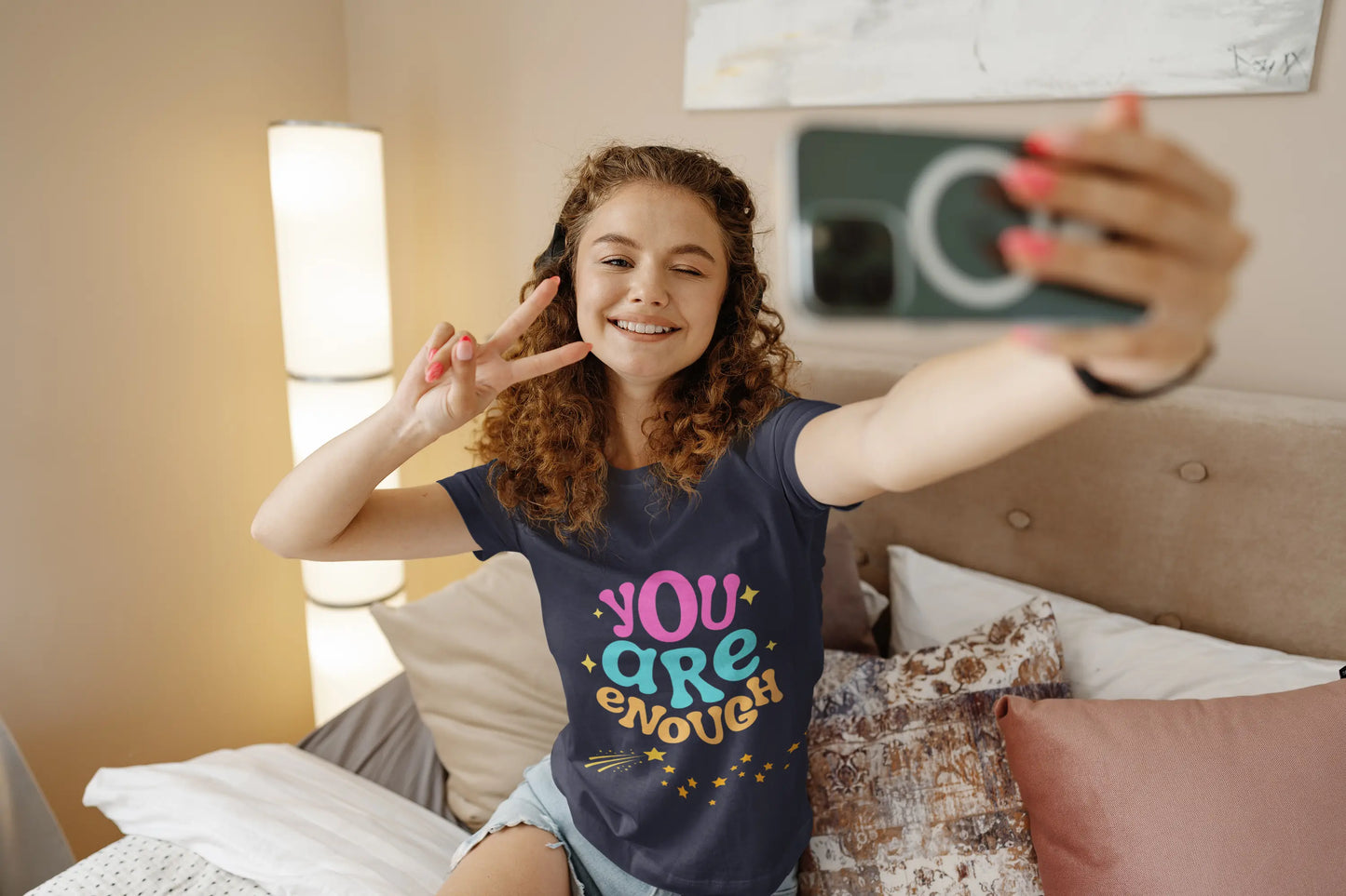 Youth Wearing a "You Are Enough" youth tee — a soft, uplifting kids shirt with a faith-inspired message of confidence, self-love, and kindness. Perfect for everyday wear.