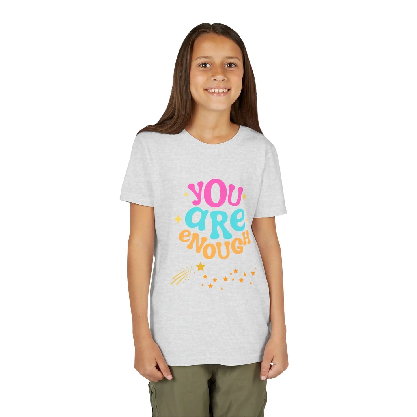 Youth Wearing a "You Are Enough" youth tee — a soft, uplifting kids shirt with a faith-inspired message of confidence, self-love, and kindness. Perfect for everyday wear. Shop the Collection, Ash