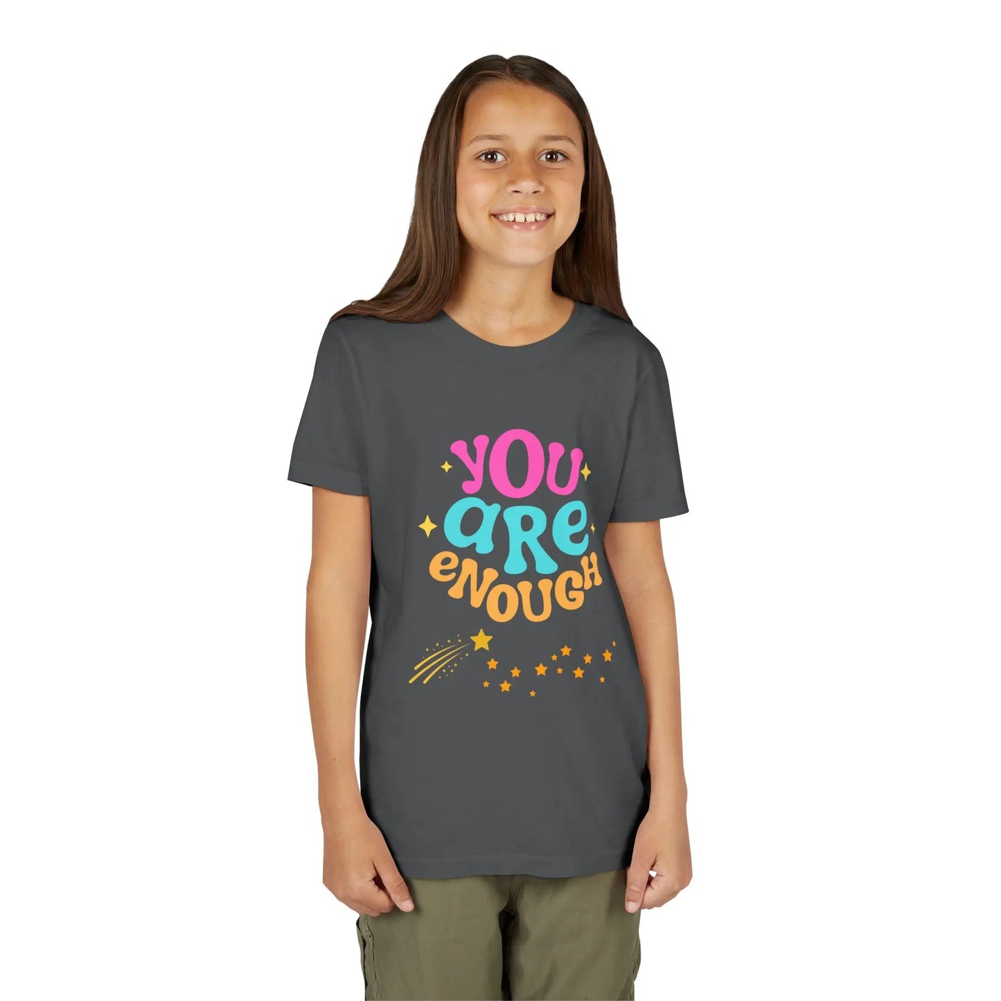 Youth Wearing a "You Are Enough" youth tee — a soft, uplifting kids shirt with a faith-inspired message of confidence, self-love, and kindness. Perfect for everyday wear. Shop the Collection, Asphalt