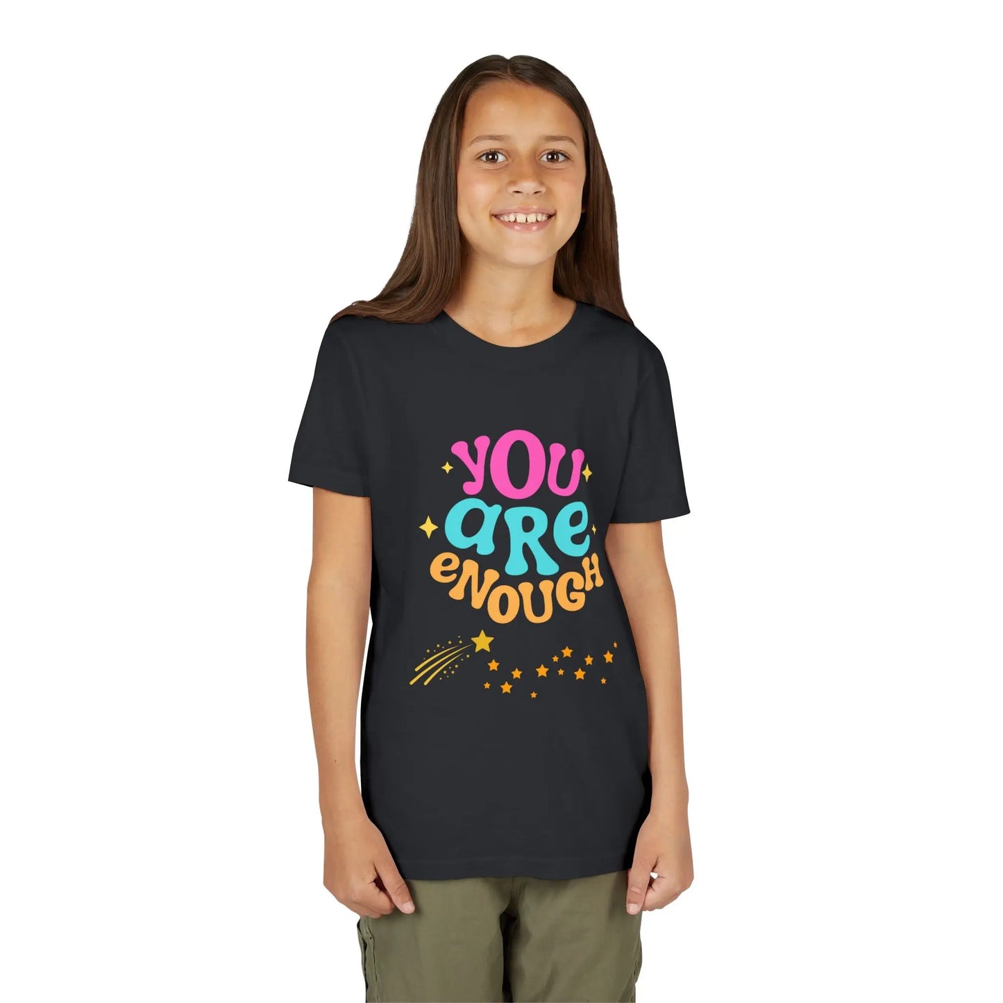 Youth Wearing a "You Are Enough" youth tee — a soft, uplifting kids shirt with a faith-inspired message of confidence, self-love, and kindness. Perfect for everyday wear. Shop the Collection, Dark Heather Grey