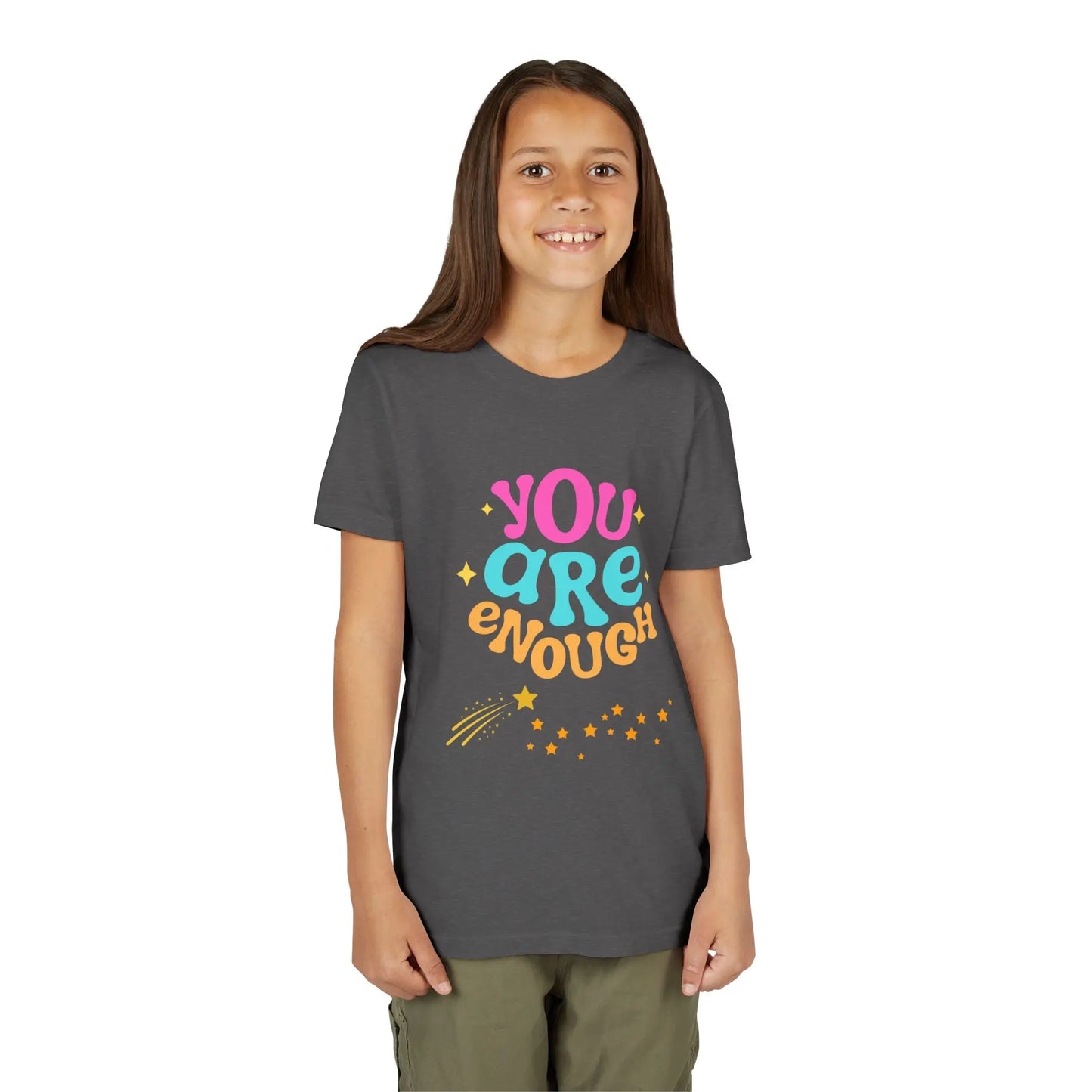 Youth Wearing a "You Are Enough" youth tee — a soft, uplifting kids shirt with a faith-inspired message of confidence, self-love, and kindness. Perfect for everyday wear. Shop the Collection, Dark Heather Grey
