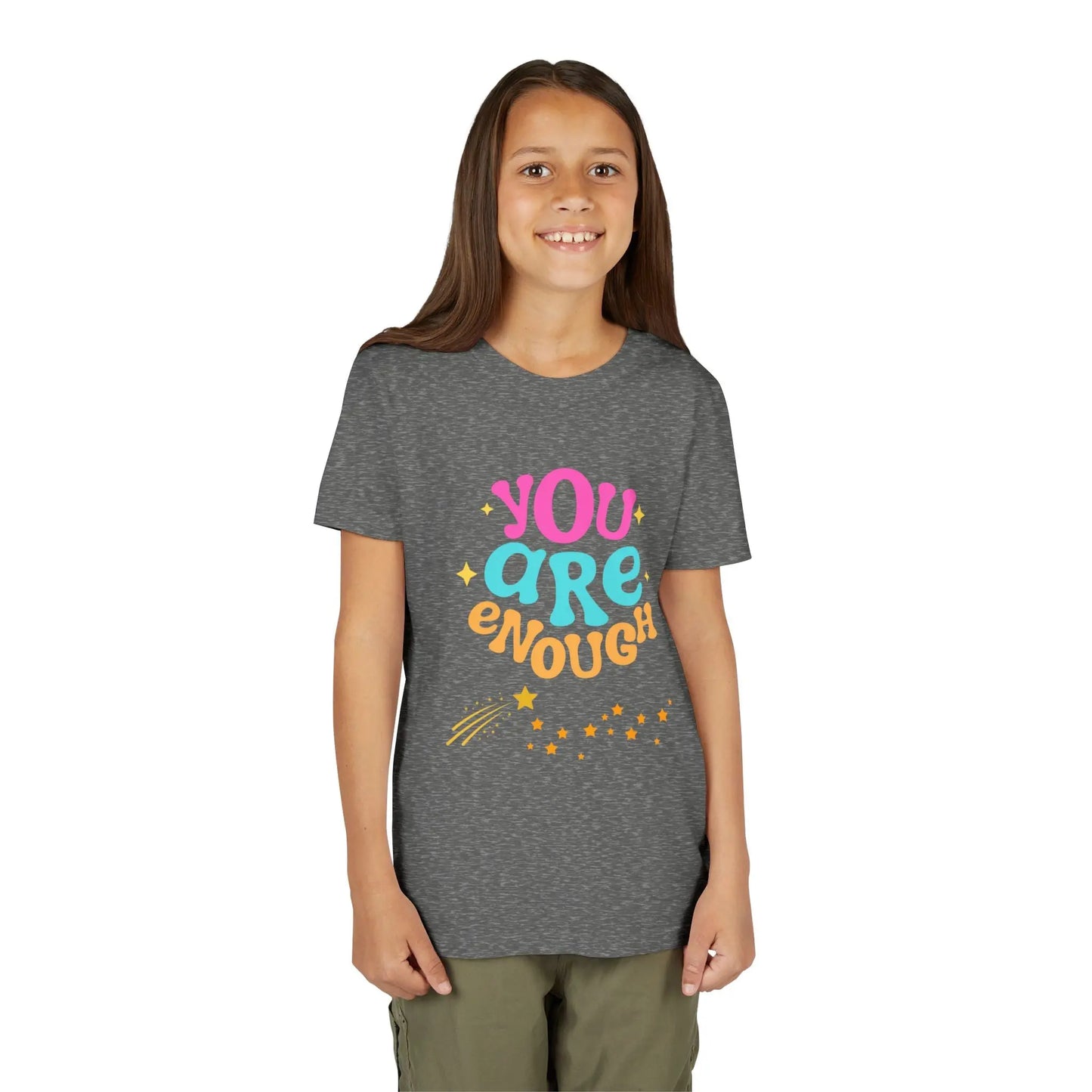 Youth Wearing a "You Are Enough" youth tee — a soft, uplifting kids shirt with a faith-inspired message of confidence, self-love, and kindness. Perfect for everyday wear. Shop the Collection, Deep Heather