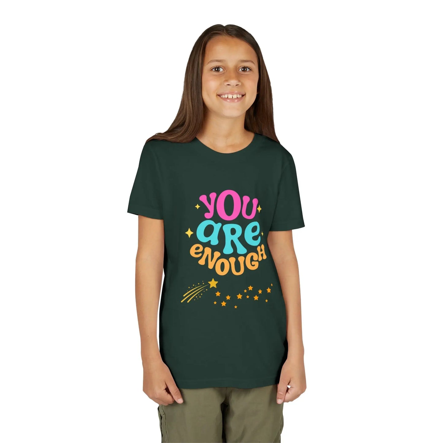Youth Wearing a "You Are Enough" youth tee — a soft, uplifting kids shirt with a faith-inspired message of confidence, self-love, and kindness. Perfect for everyday wear. Shop the Collection, Forest