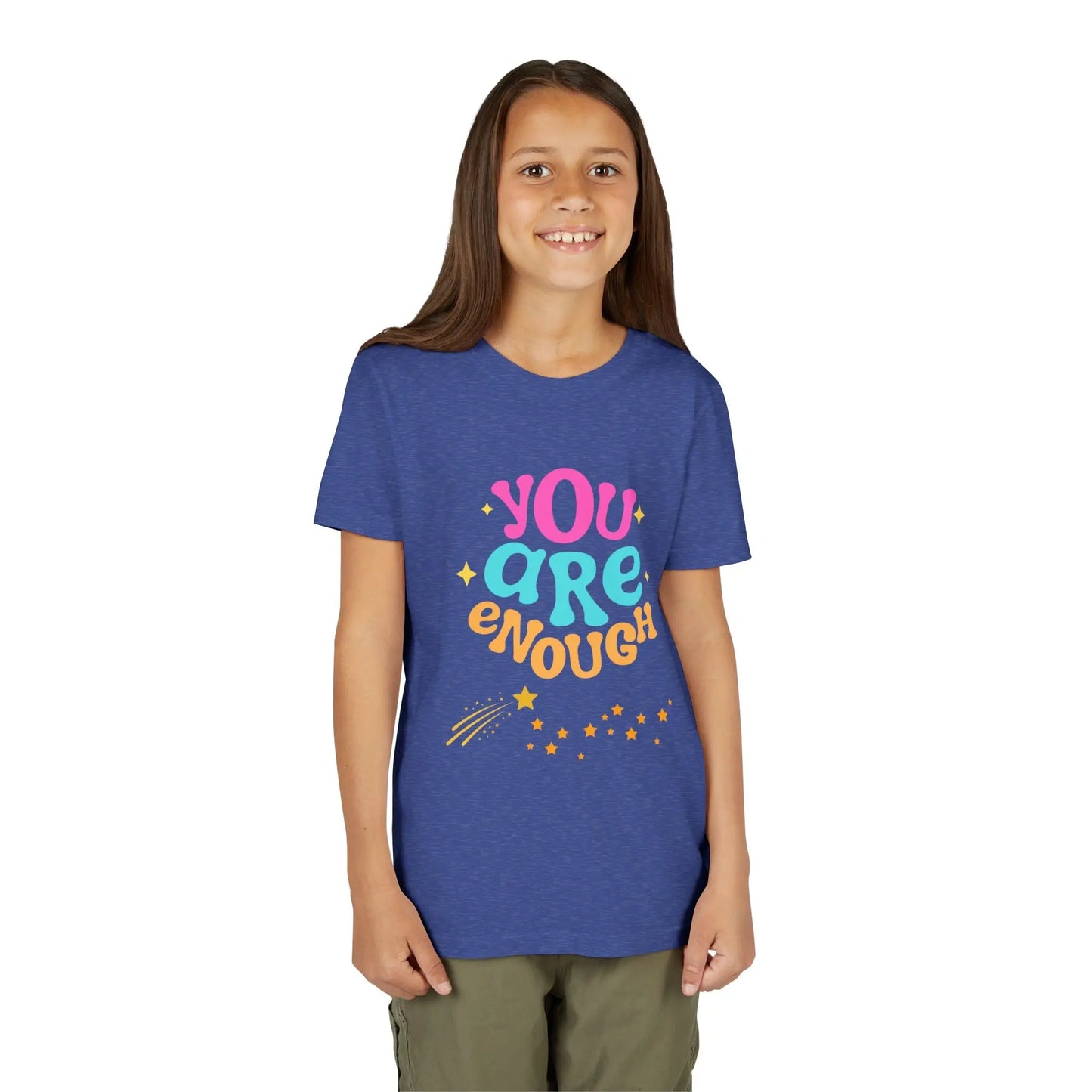 Youth Wearing a "You Are Enough" youth tee — a soft, uplifting kids shirt with a faith-inspired message of confidence, self-love, and kindness. Perfect for everyday wear. Shop the Collection, Heather Columbia Blue