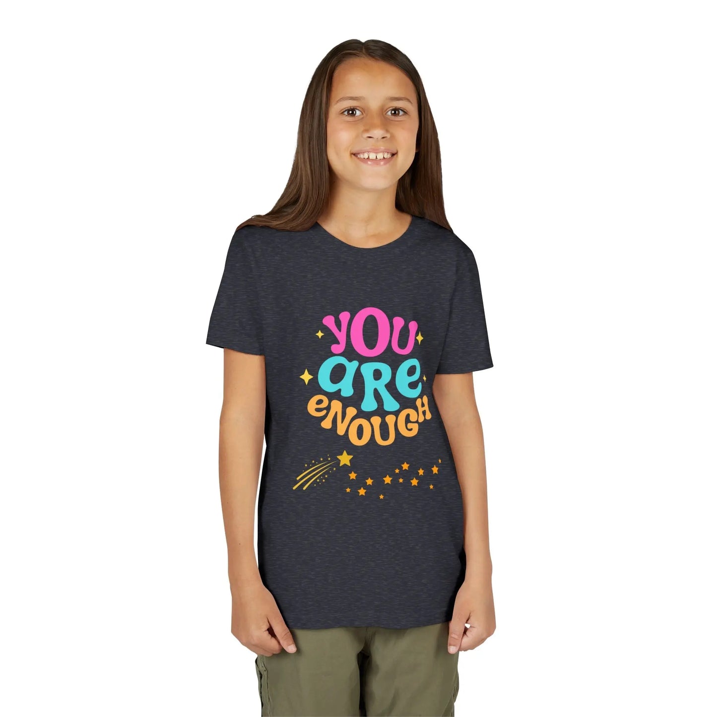 Youth Wearing a "You Are Enough" youth tee — a soft, uplifting kids shirt with a faith-inspired message of confidence, self-love, and kindness. Perfect for everyday wear. Shop the Collection, Heather Navy