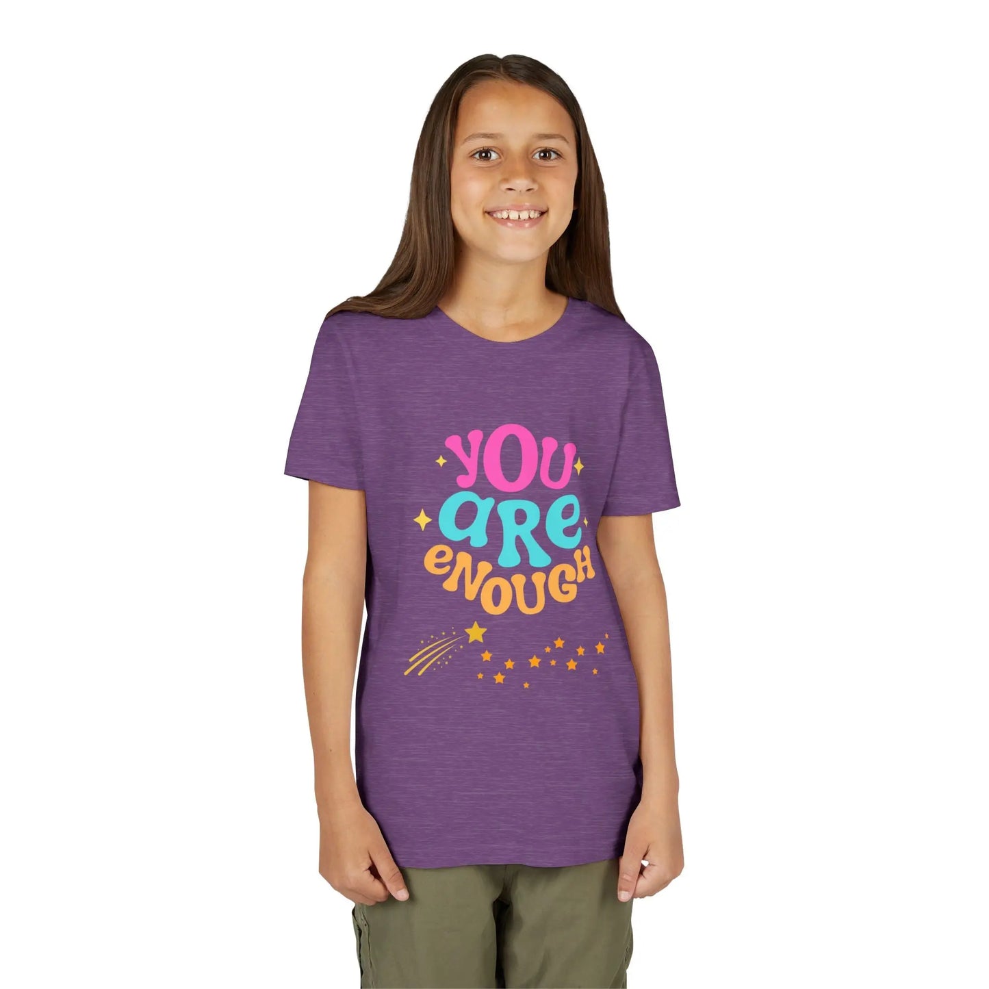Youth Wearing a "You Are Enough" youth tee — a soft, uplifting kids shirt with a faith-inspired message of confidence, self-love, and kindness. Perfect for everyday wear. Shop the Collection, Heather Team Purple