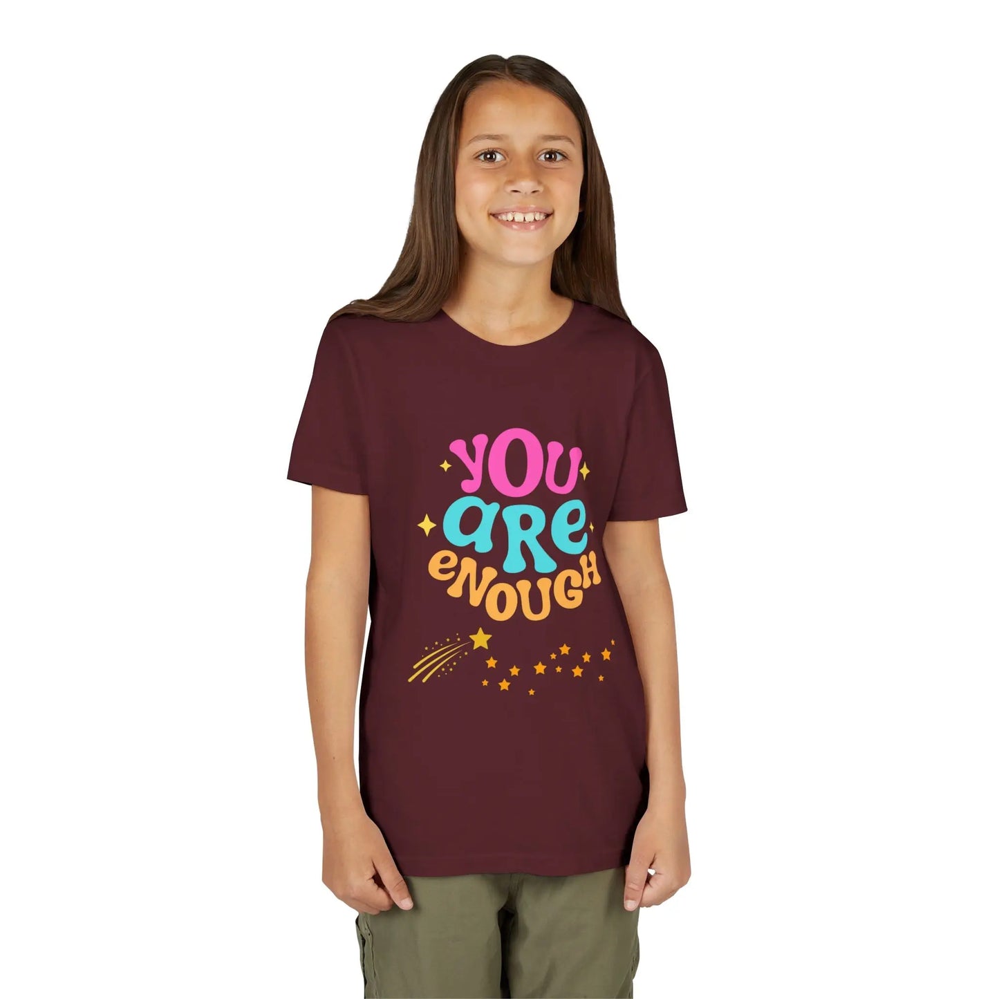 Youth Wearing a "You Are Enough" youth tee — a soft, uplifting kids shirt with a faith-inspired message of confidence, self-love, and kindness. Perfect for everyday wear. Shop the Collection, Maroon