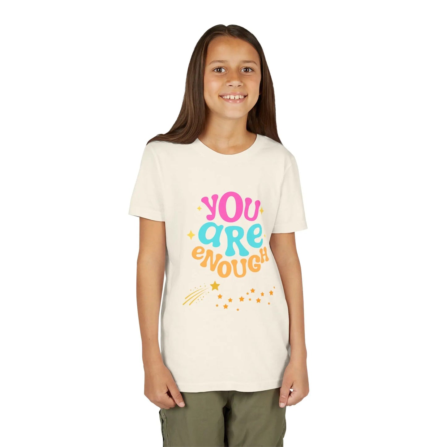 Youth Wearing a "You Are Enough" youth tee — a soft, uplifting kids shirt with a faith-inspired message of confidence, self-love, and kindness. Perfect for everyday wear. Shop the Collection, Natural